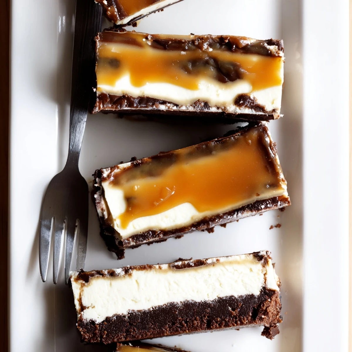 Rich caramel brownie cheesecake bar with golden caramel dripping over fudgy chocolate layers