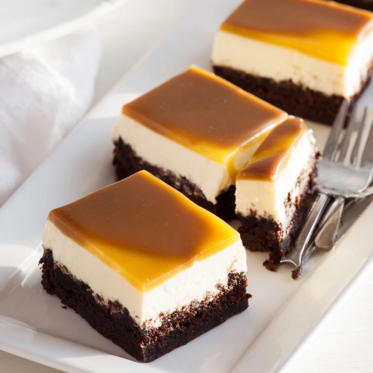 Creamy caramel brownie cheesecake bliss sliced square showing swirled vanilla and dark chocolate layers