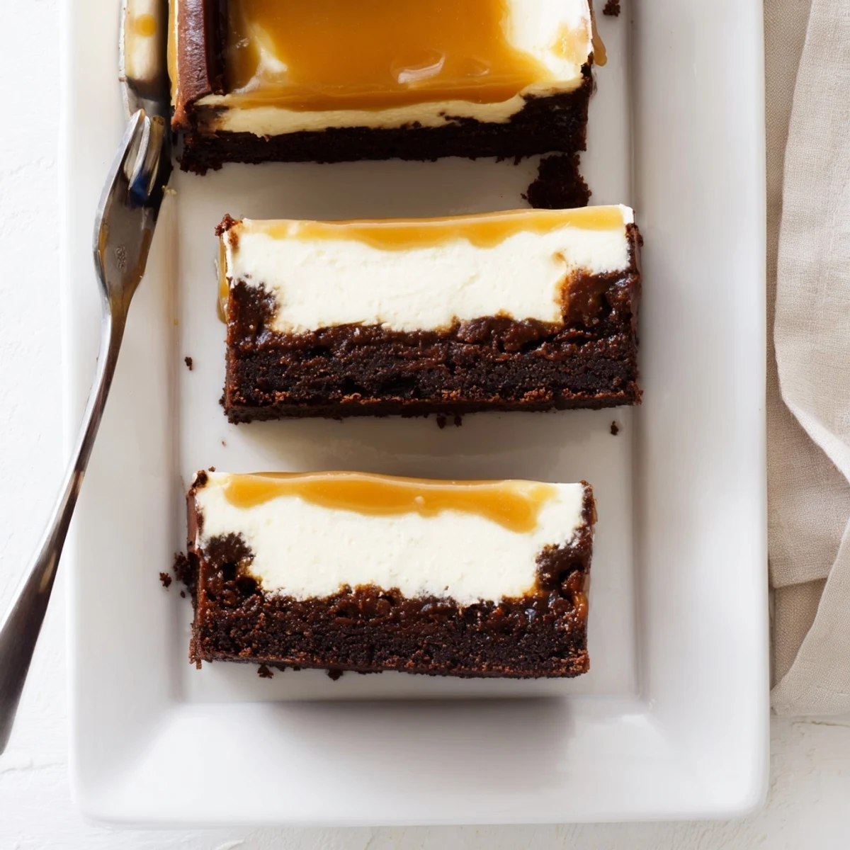 Decadent caramel brownie cheesecake dessert plated with drizzled caramel sauce and fudgy brownie base