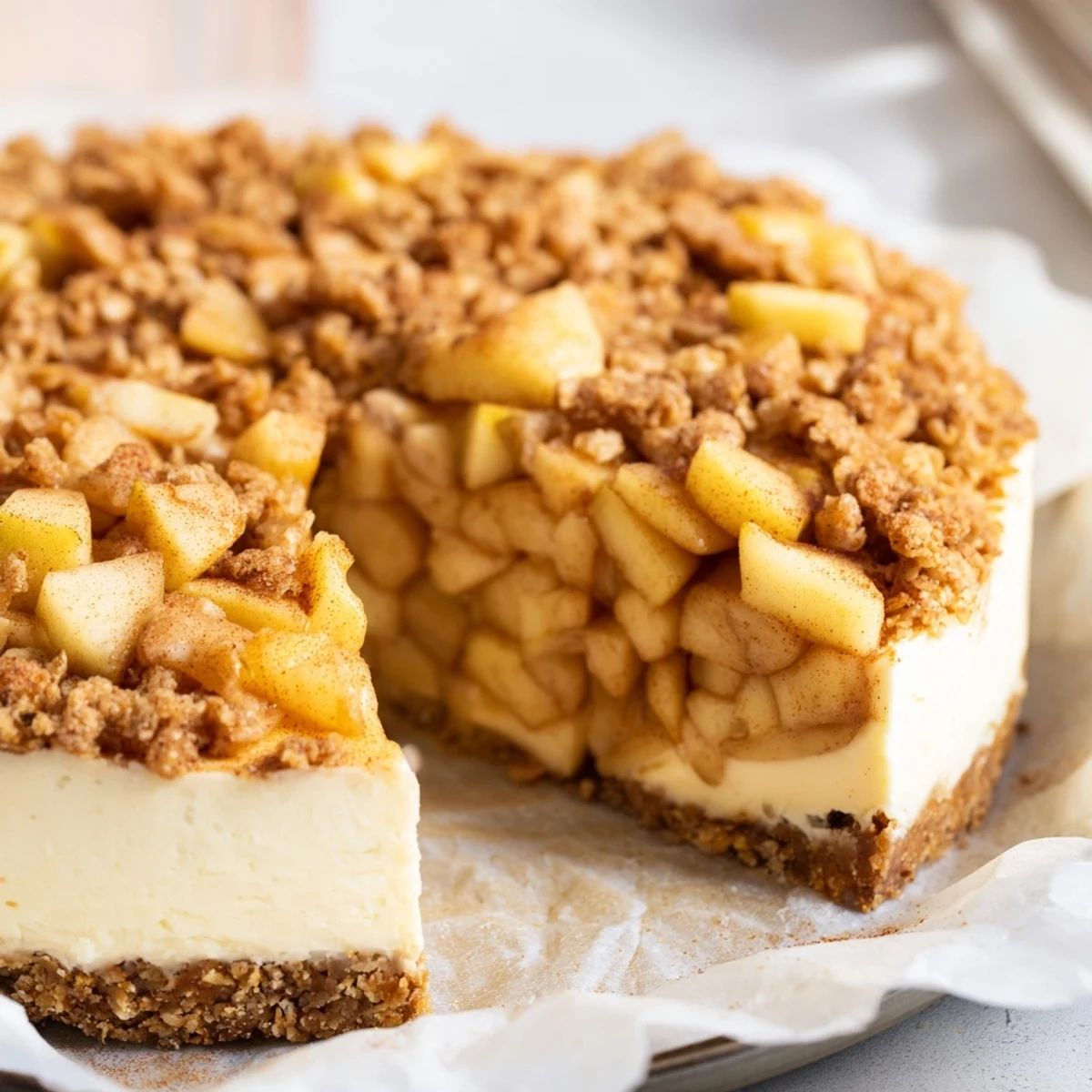 Golden brown apple crisp mini cheesecakes with warm spiced apple topping on creamy graham cracker crusts