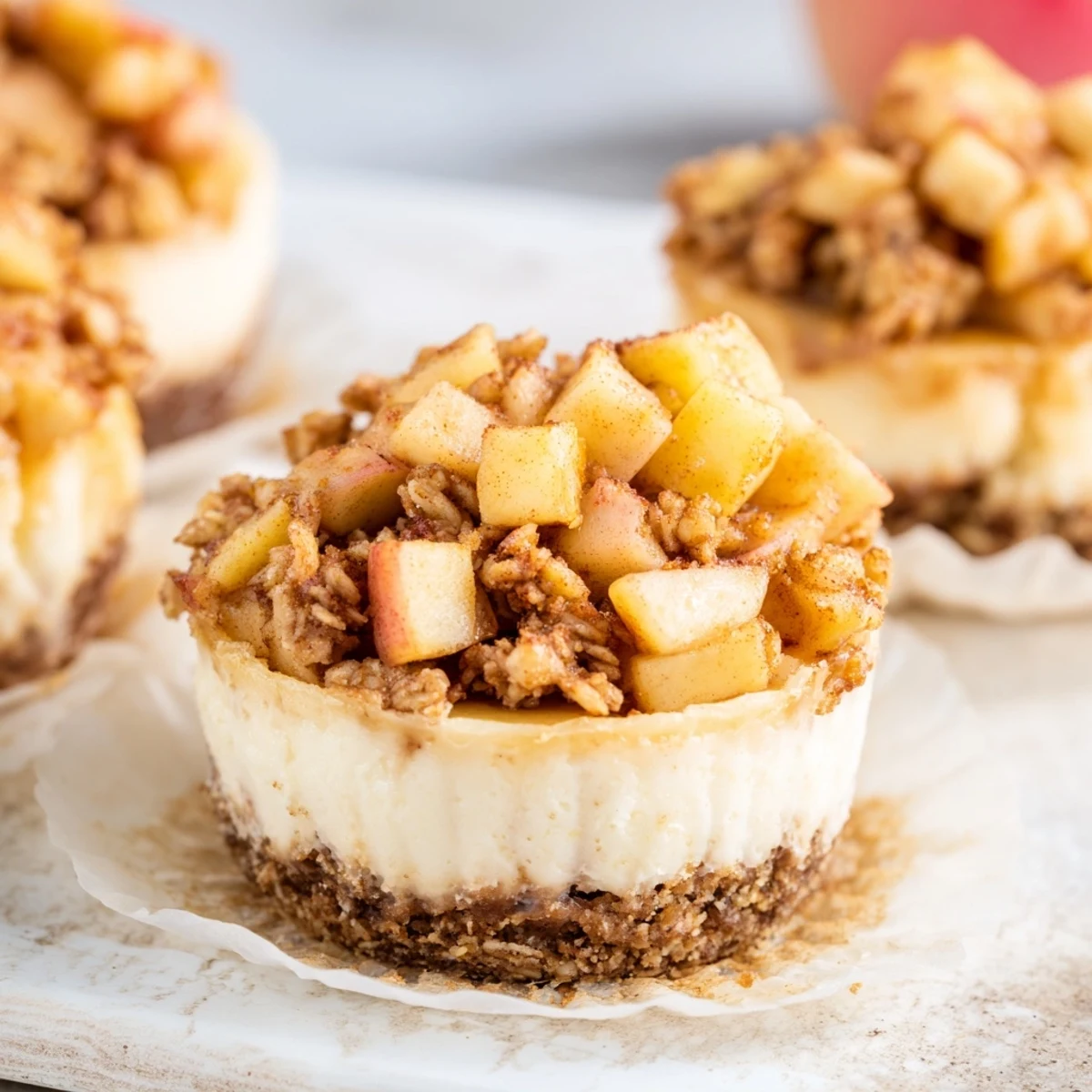 Individual apple crisp mini cheesecakes featuring tender cinnamon apples and oat crumble atop rich cheesecake filling