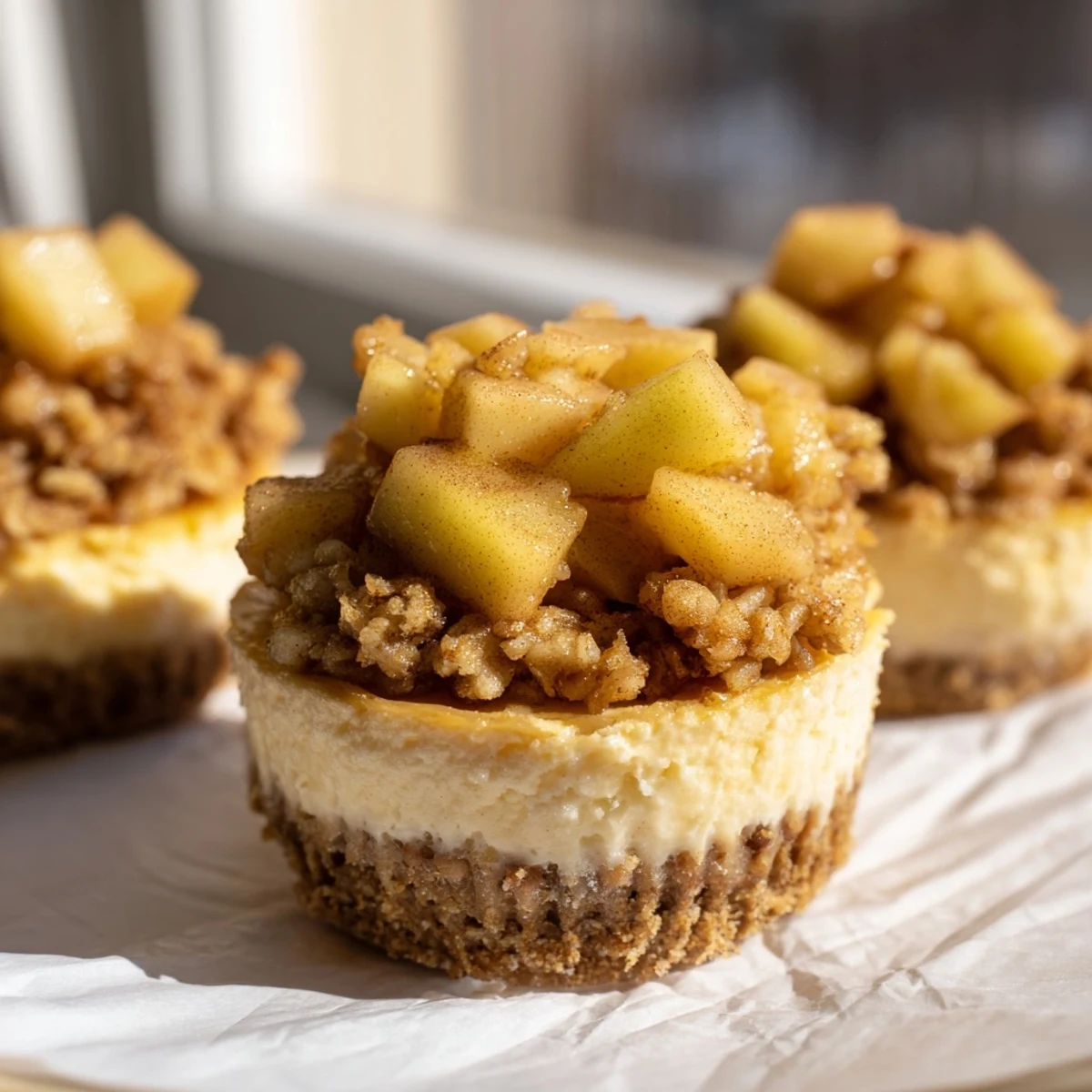 Creamy mini cheesecakes crowned with buttery baked apple crisp topping in paper-lined muffin tin portions