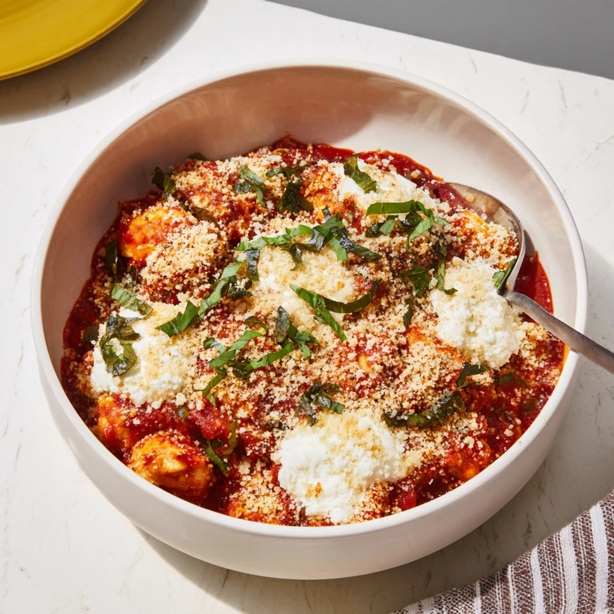 Bubbling cheese-covered chicken served over creamy cottage cheese with crispy breadcrumb and fresh basil garnish