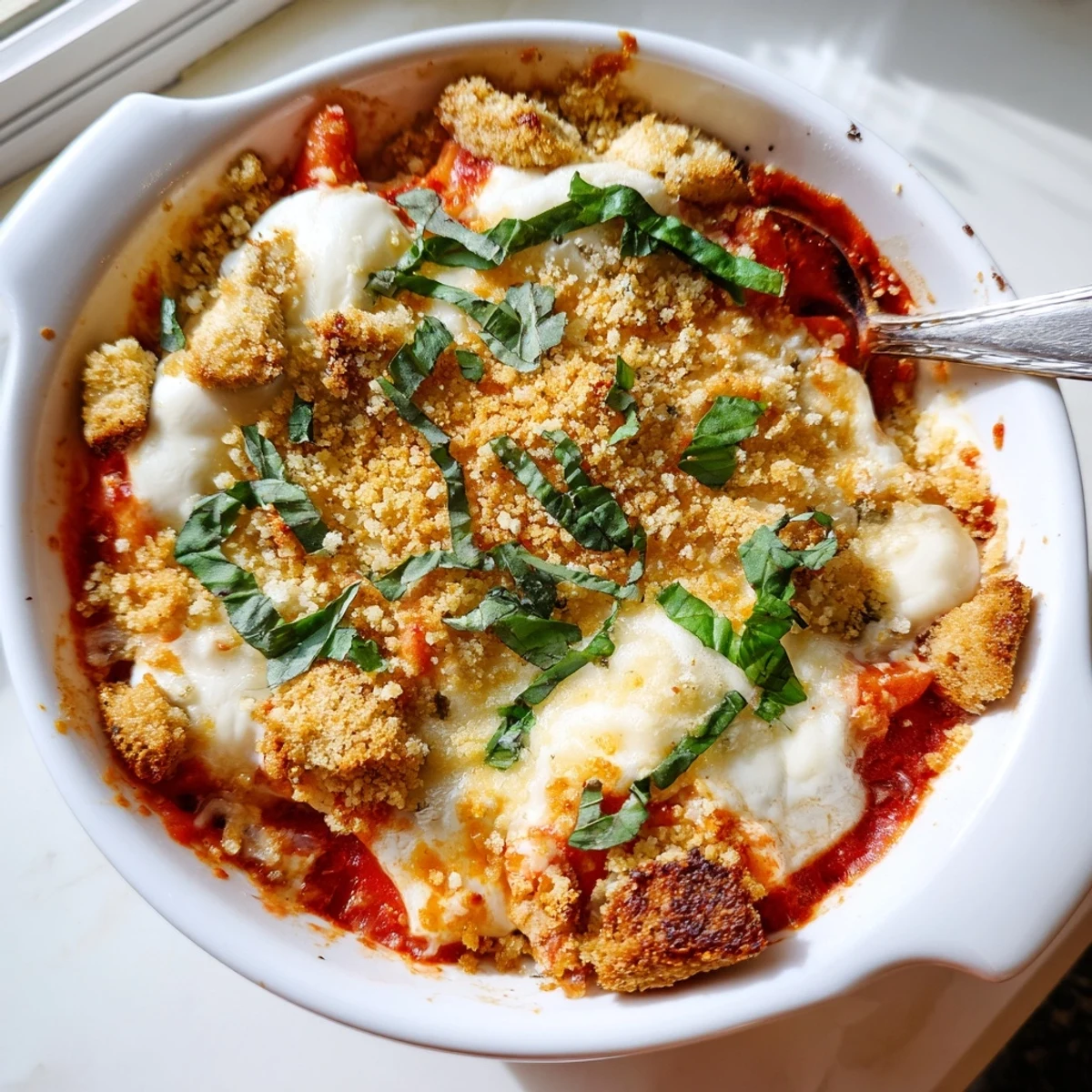 High protein chicken parmesan bowl featuring tender chicken, zesty sauce, and toasted panko topping
