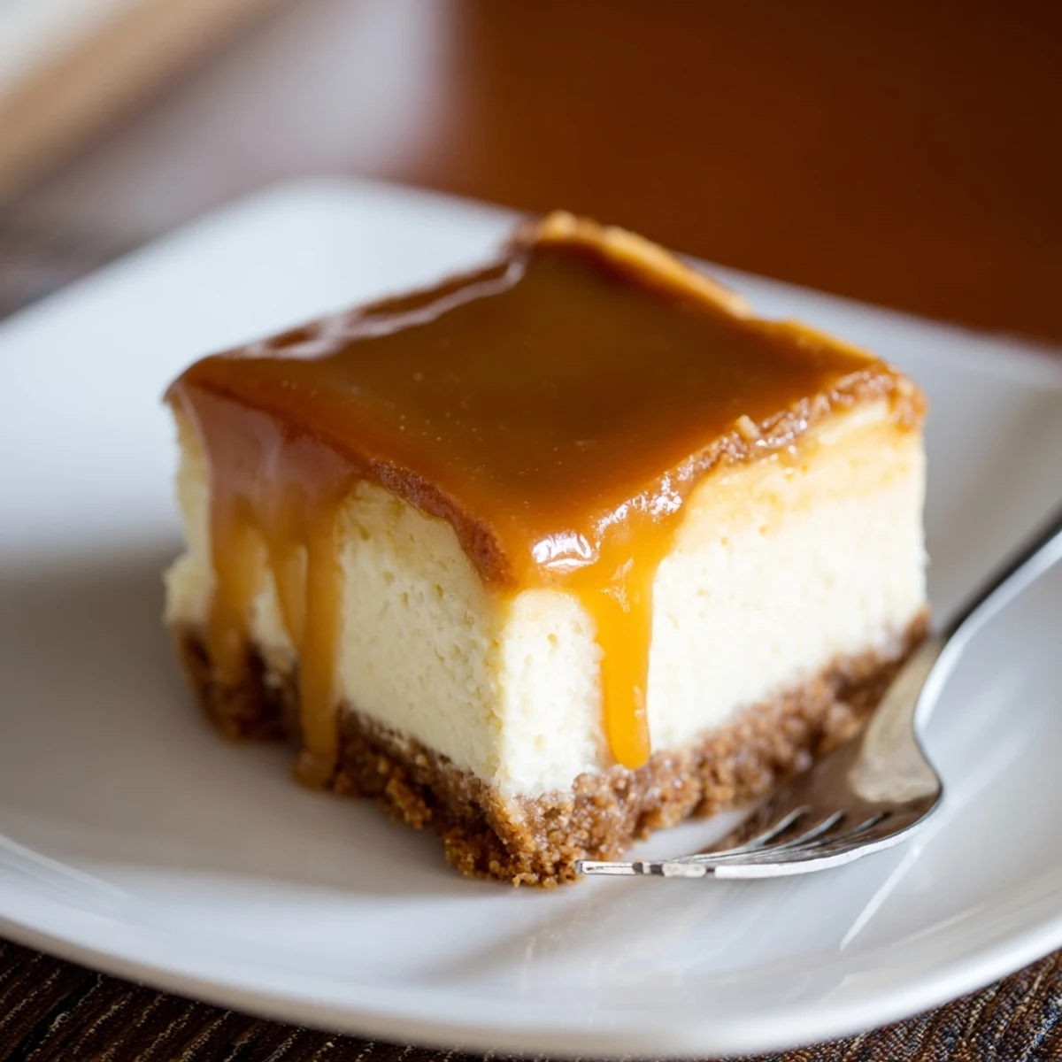Golden caramel drips down creamy cheesecake bars with buttery graham cracker crust base