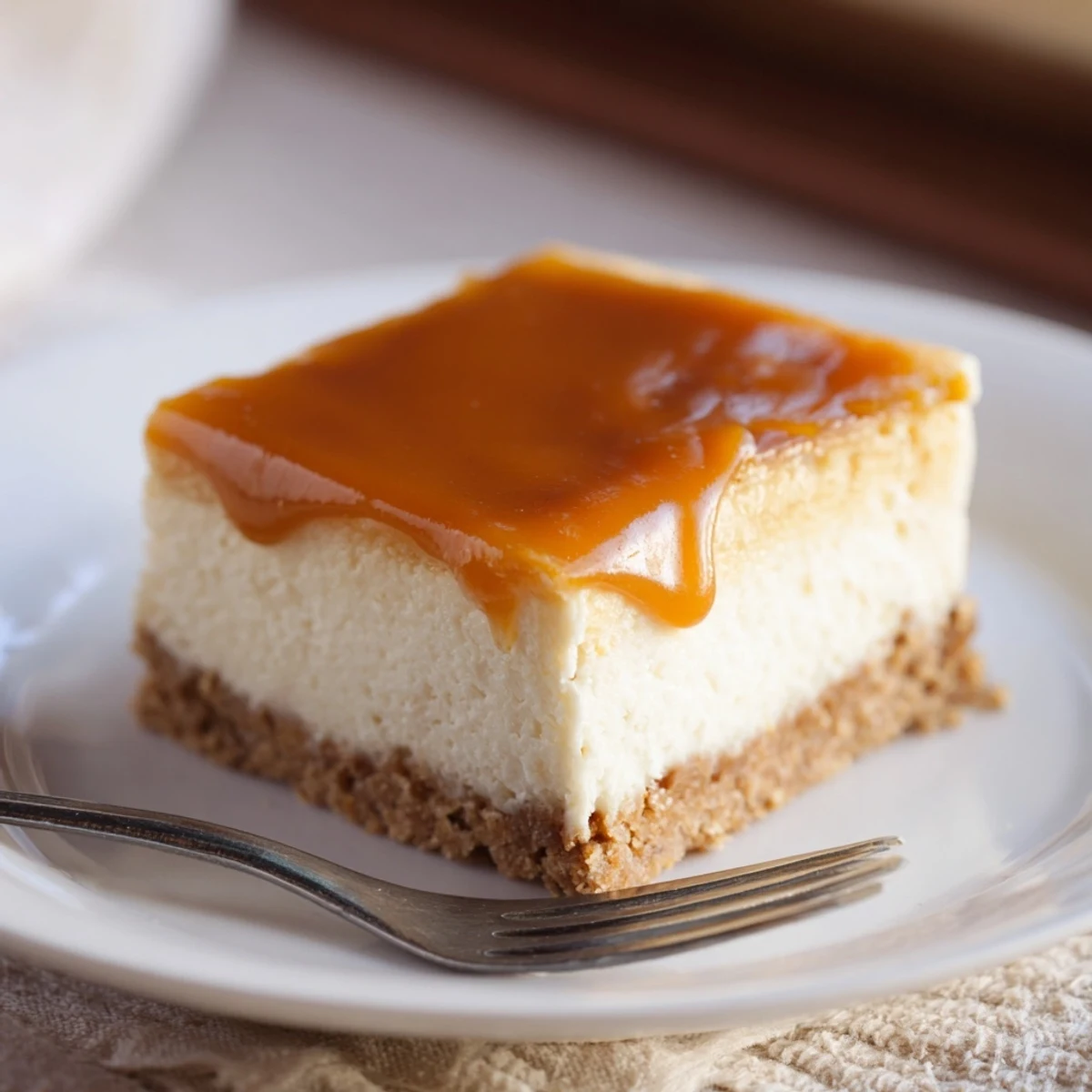 Square caramel cheesecake dessert bars with smooth creamy filling and sweet caramel glaze