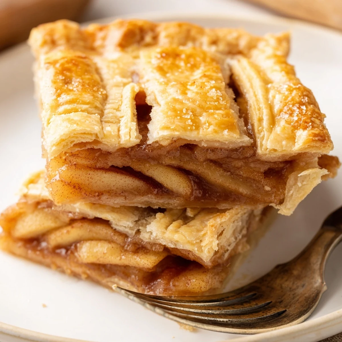 Homemade apple slab pie served warm with sugar-sprinkled flaky top crust