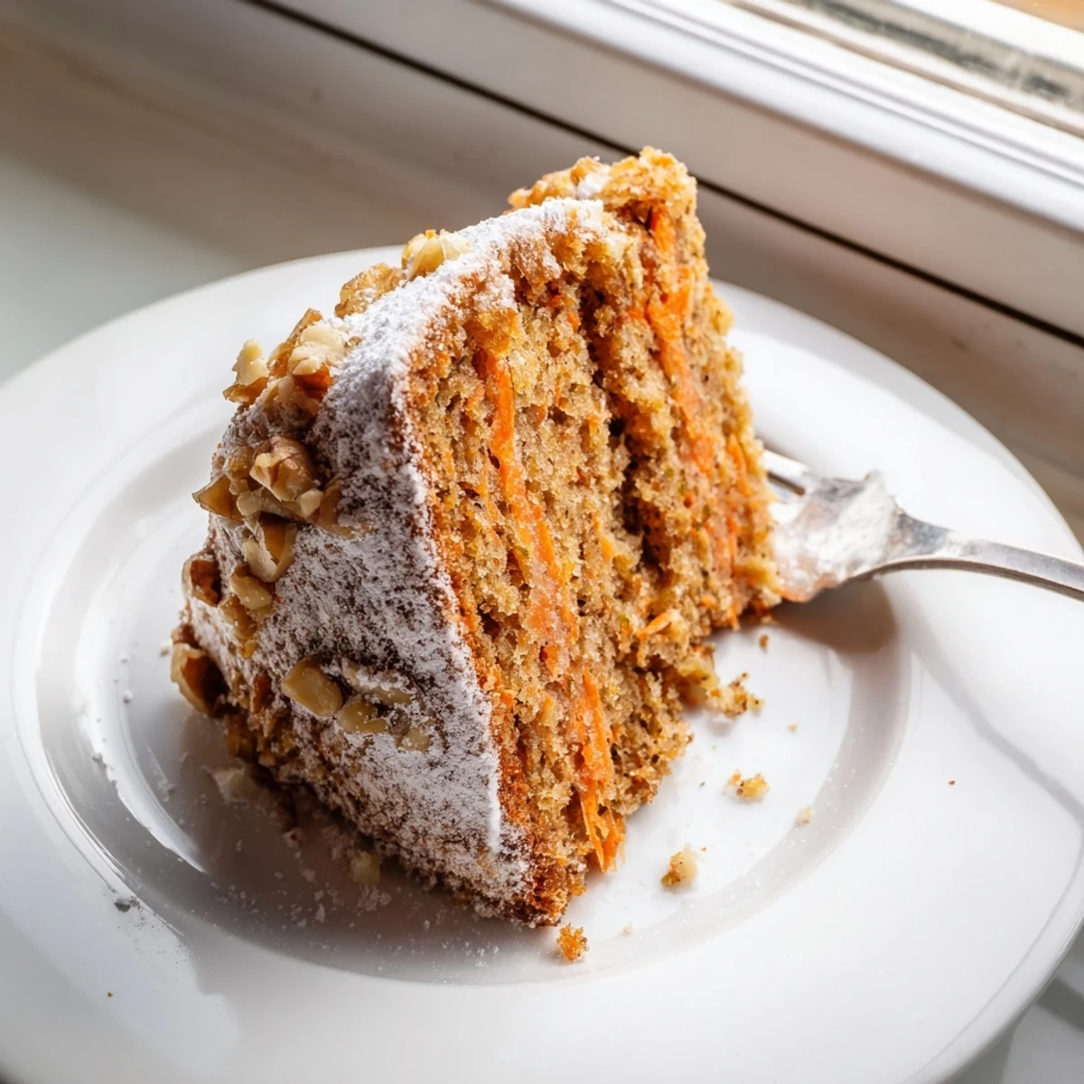 Moist Greek yogurt carrot cake slice topped with creamy frosting and chopped walnuts on a white plate.