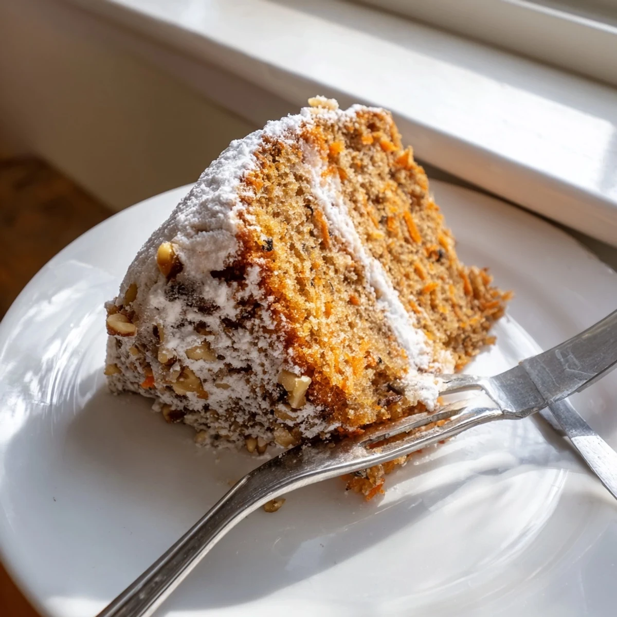 One bowl Greek yogurt carrot cake close-up showing tender crumb texture with bright orange grated carrot pieces.