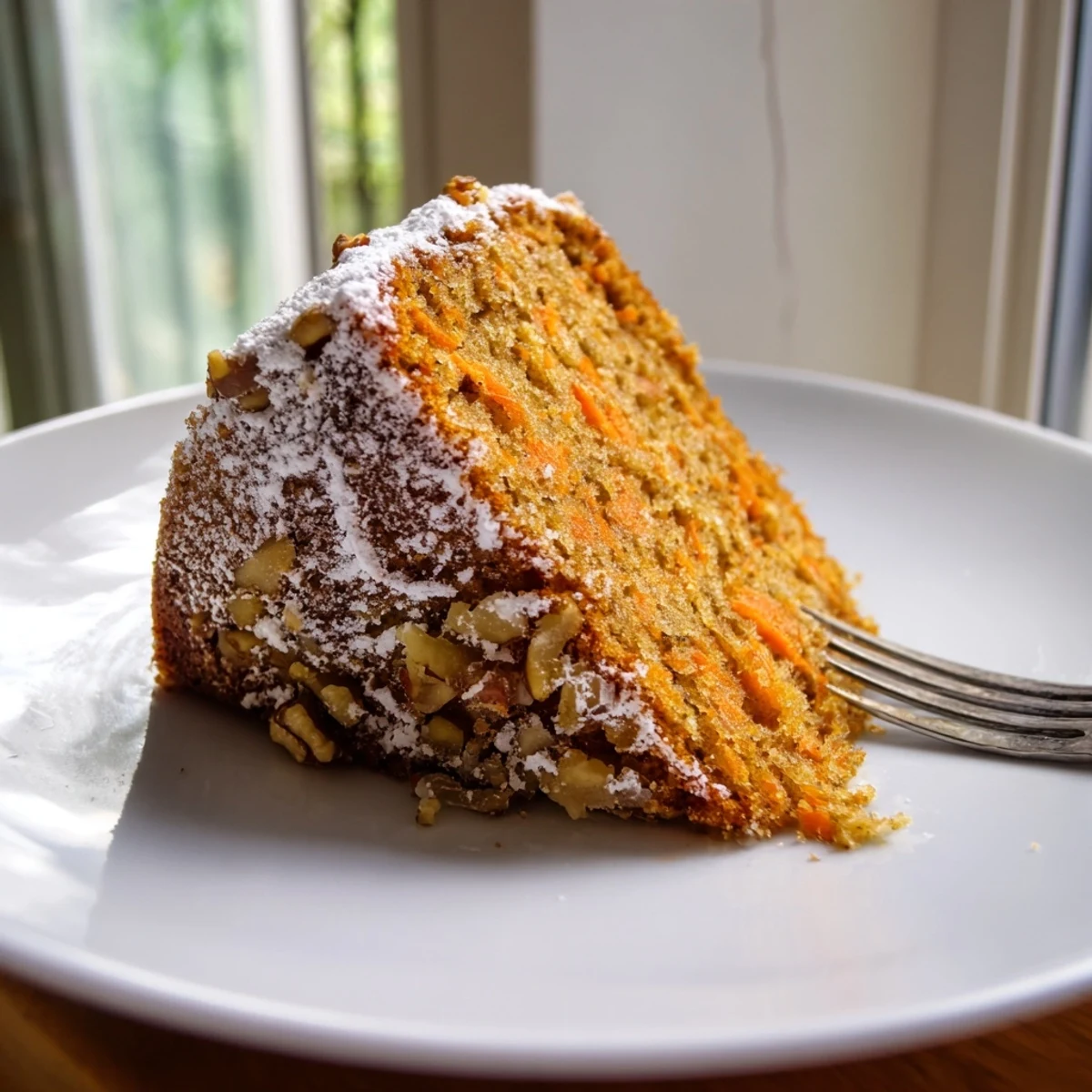 Spiced carrot cake made with Greek yogurt baked in a round pan, golden brown and freshly sliced.