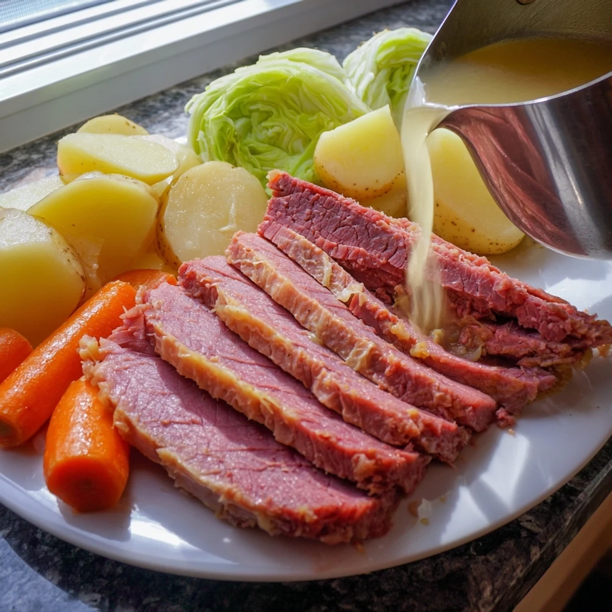 Slow cooker corned beef cabbage with tender sliced brisket, carrots, potatoes, and green cabbage wedges on a serving platter
