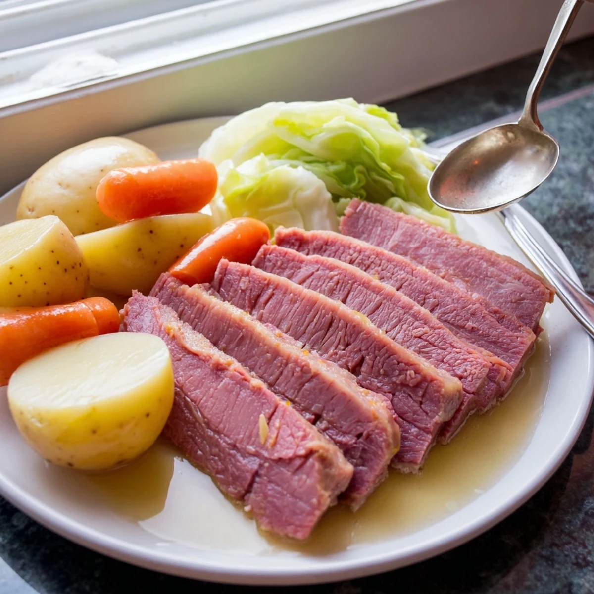 Hearty slow cooker corned beef cabbage with melt-in-your-mouth brisket alongside roasted vegetables, garnished with fresh parsley