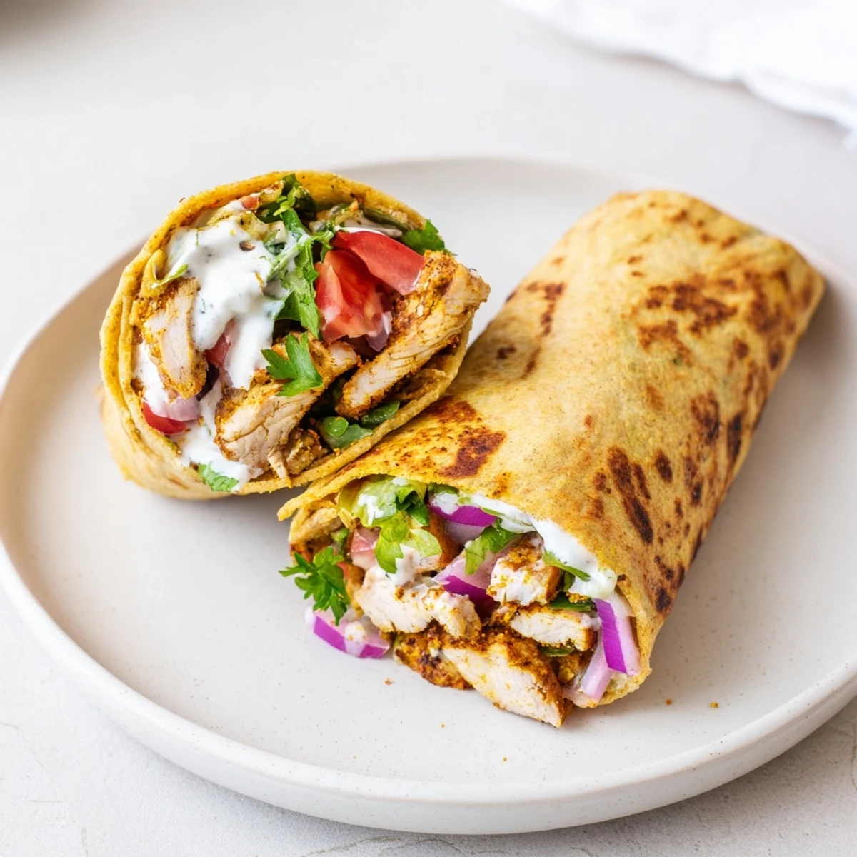 Golden high protein cottage cheese flatbread chicken wraps with crisp vegetables and creamy yogurt drizzle
