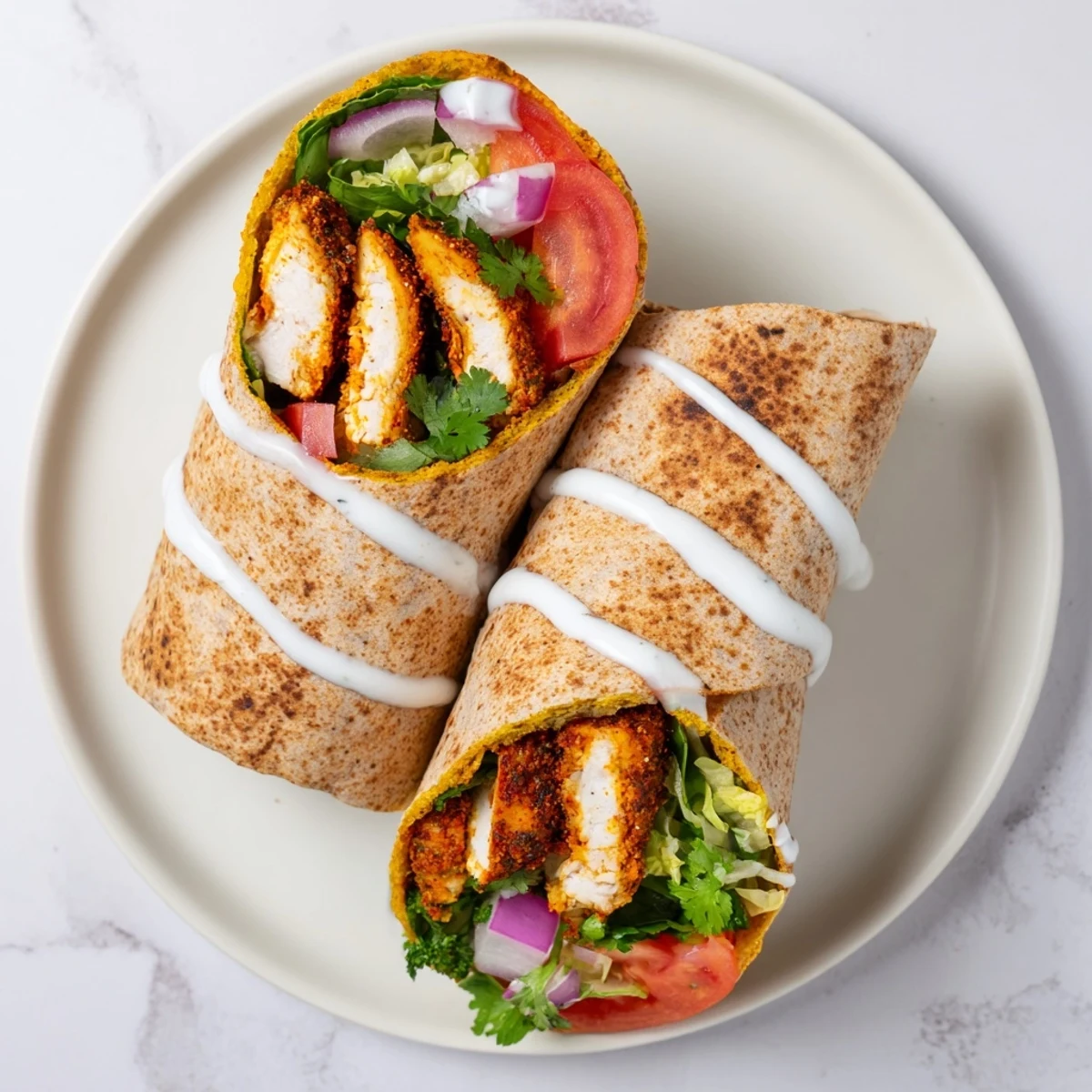 Protein-packed crispy cottage cheese flatbread wraps filled with juicy spiced grilled chicken and fresh lettuce