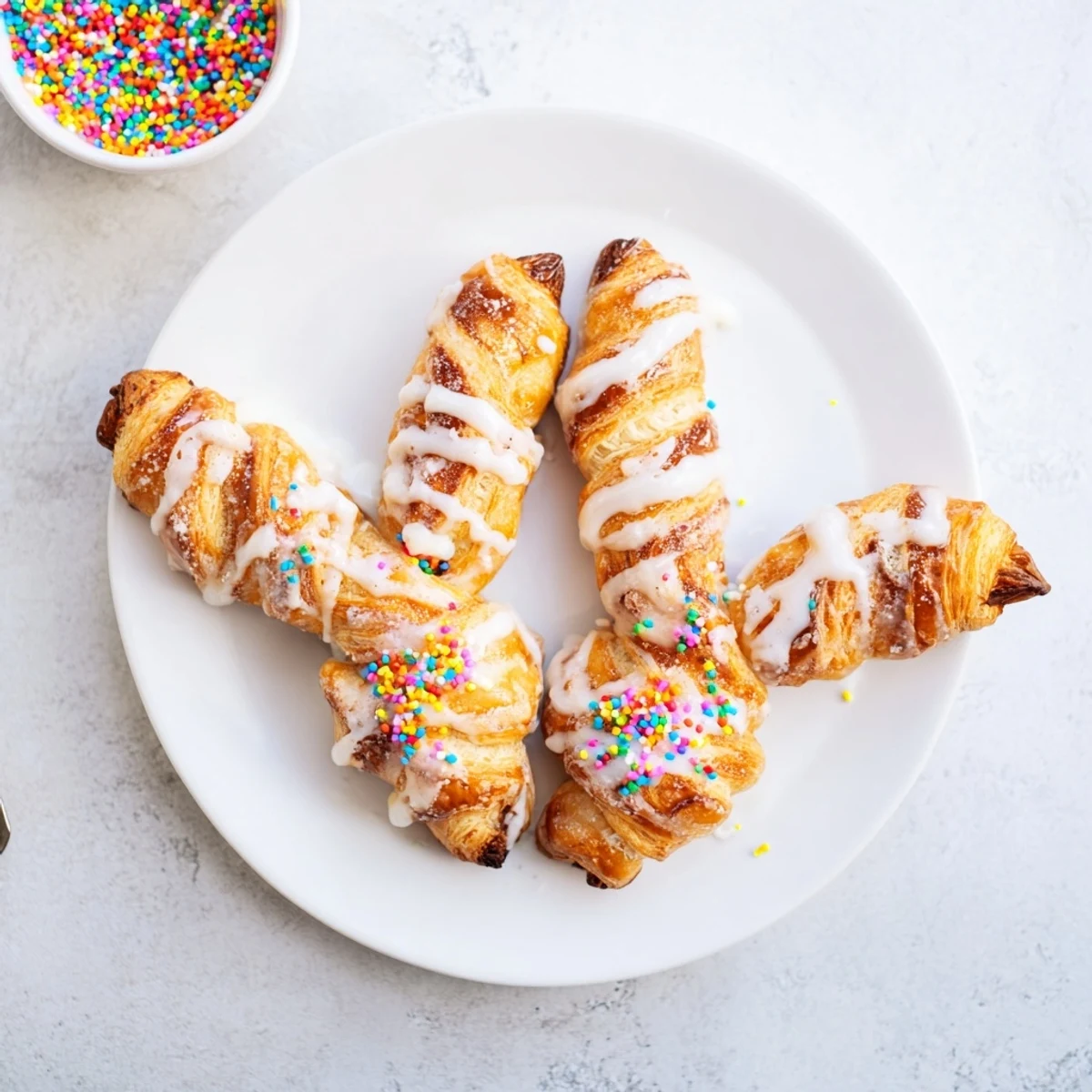 Golden Easter Bunny Twists pastry drizzled with white icing and colorful sprinkles on white plate