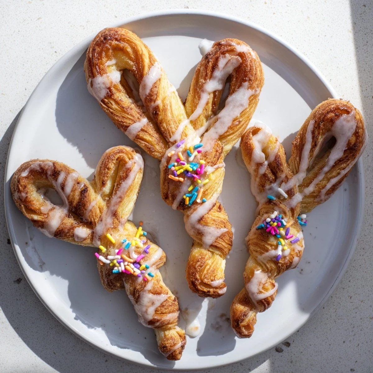 Freshly baked Easter Bunny Twists topped with sweet glaze and pastel sprinkles for spring brunch