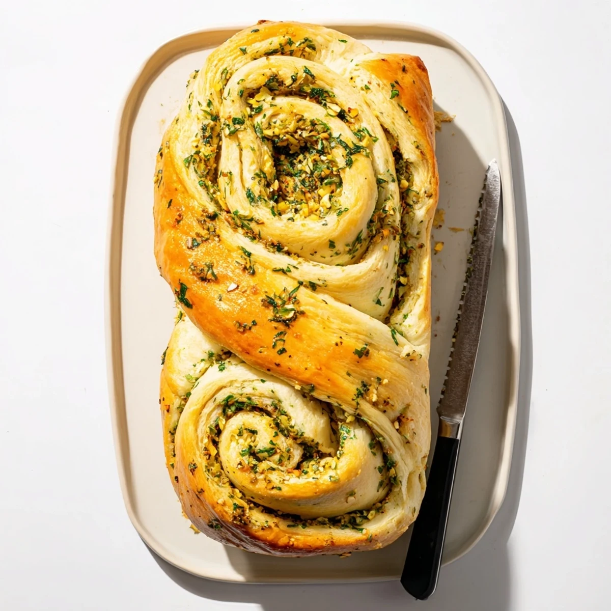 Golden garlic and herb bread loaf fresh from the oven with a glossy, buttery crust