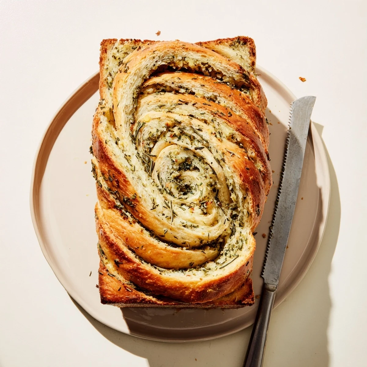 Rustic garlic and herb bread recipe showing golden brown crust and soft, fragrant crumb