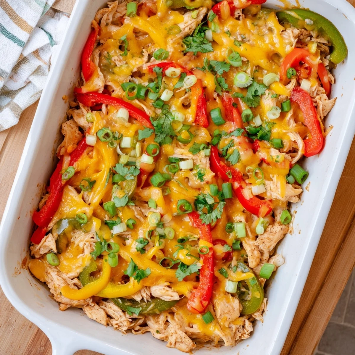 Baked cheesy chicken fajita casserole featuring tender chicken peppers and melted cheese topping