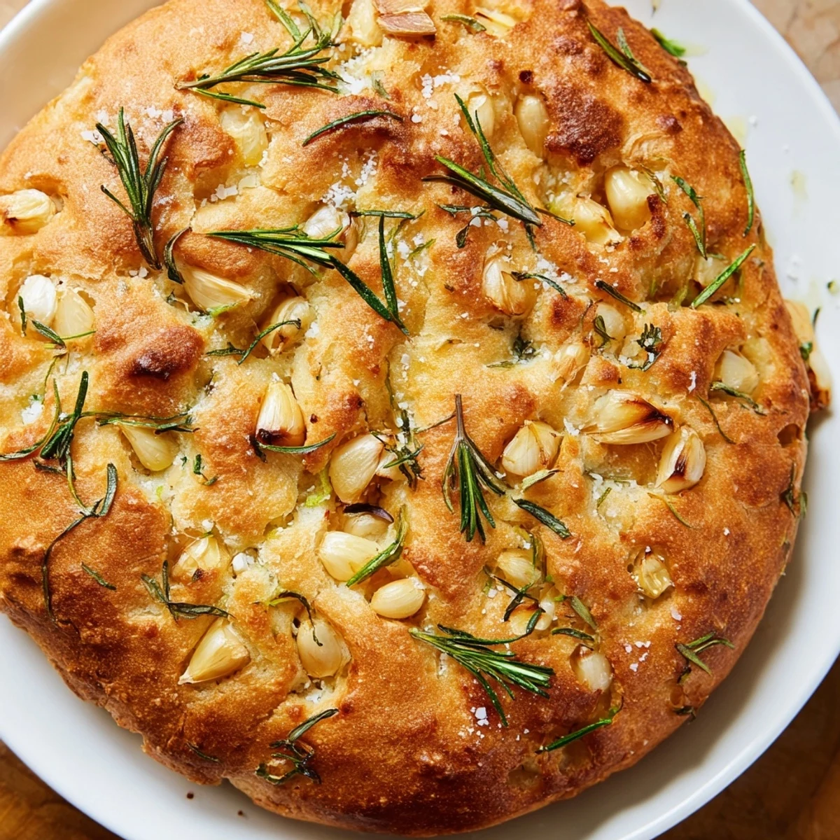 Golden rustic garlic rosemary skillet bread with flaky sea salt topping, fresh from the oven.