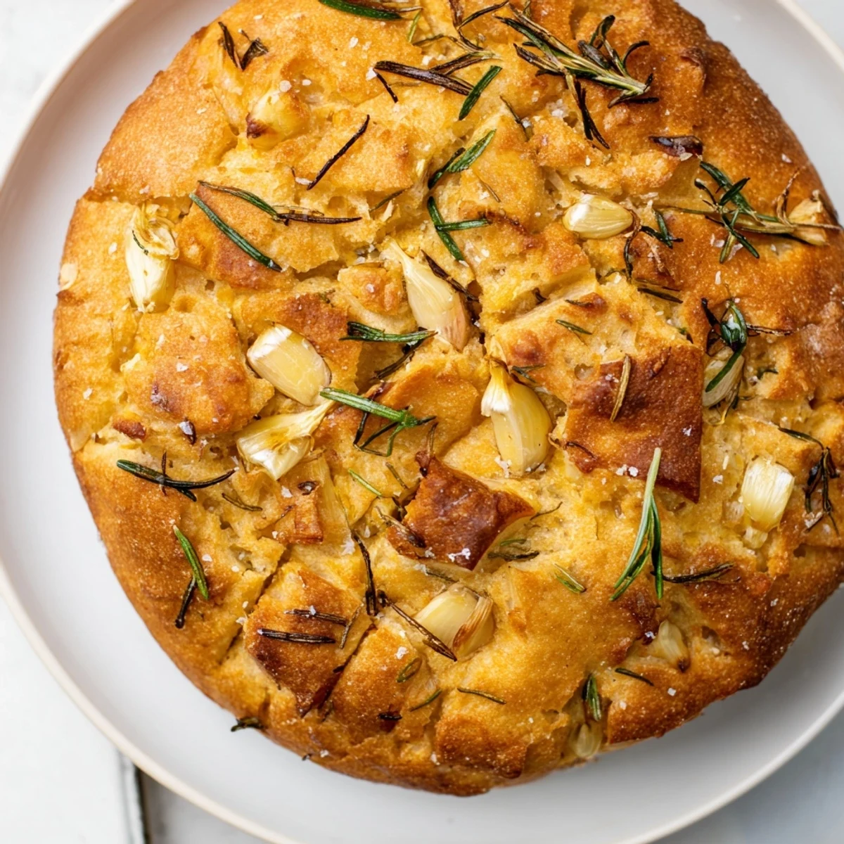 Chewy homemade skillet bread flecked with fragrant rosemary and roasted garlic, served warm.