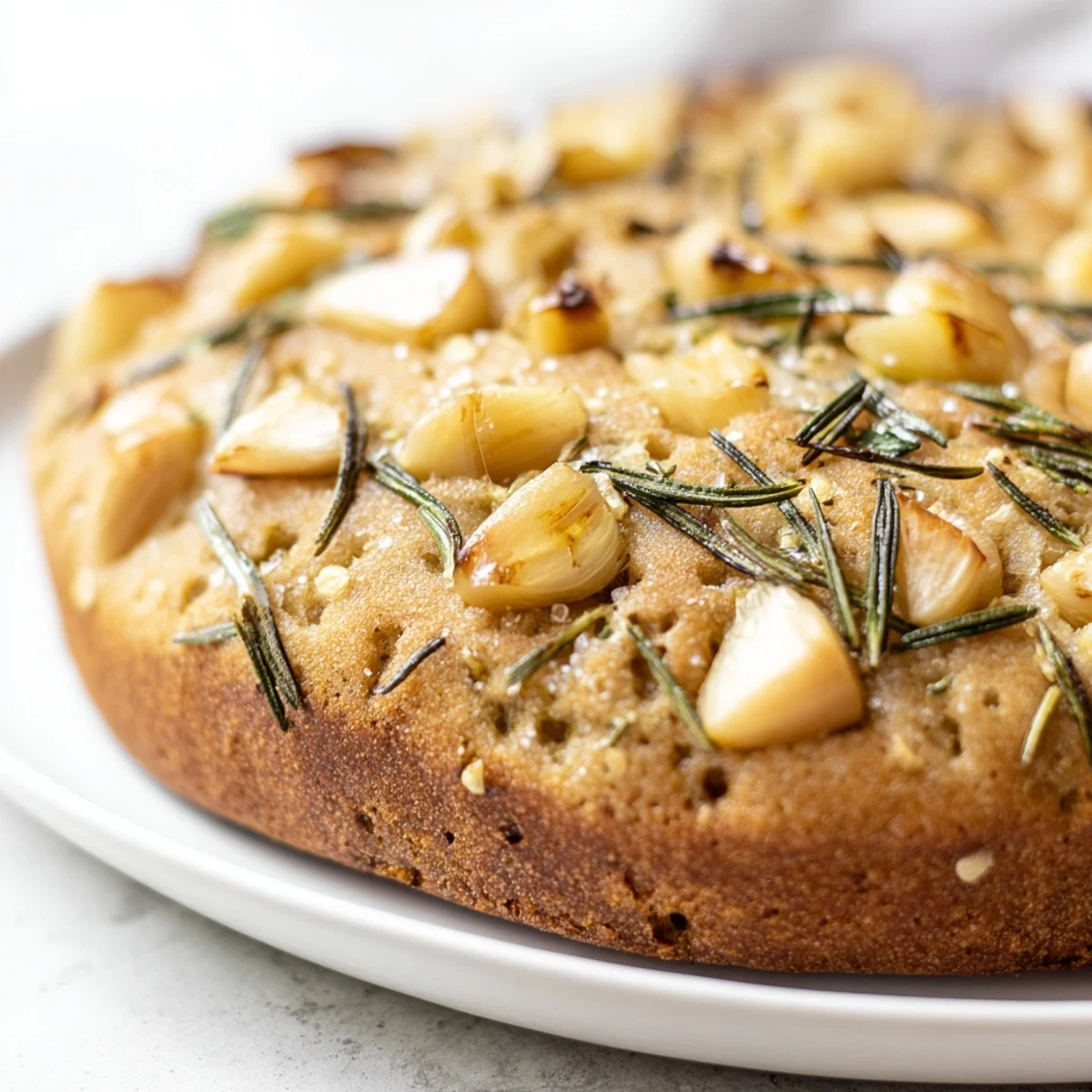 Cast iron skillet bread with crisp golden edges and aromatic rosemary garlic throughout.