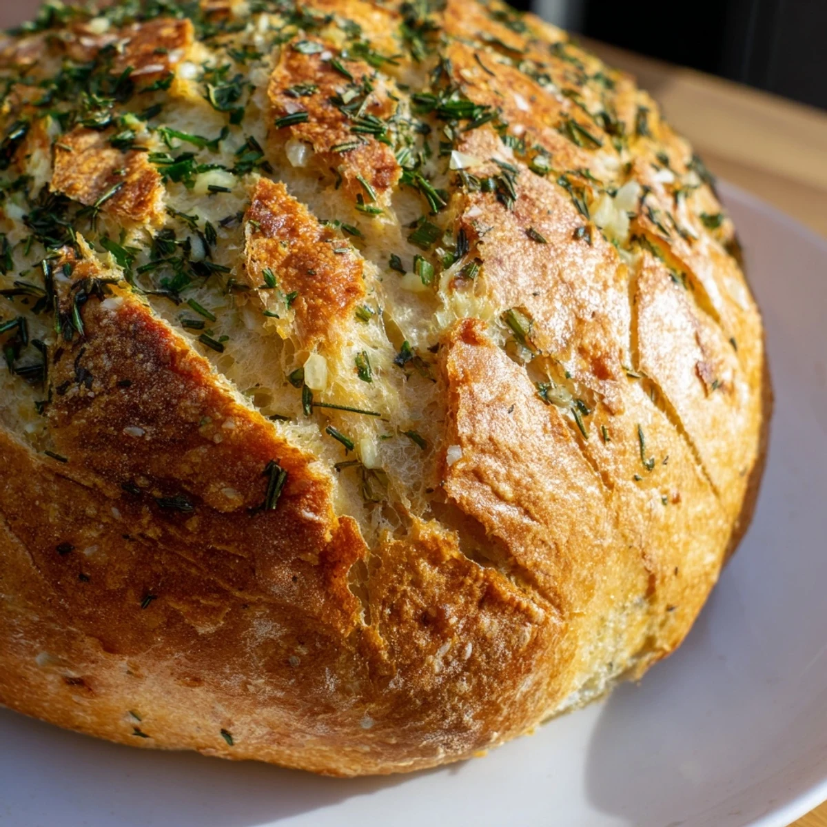 Golden brown garlic herb Dutch oven bread with a crisp cracked crust revealing tender crumb inside