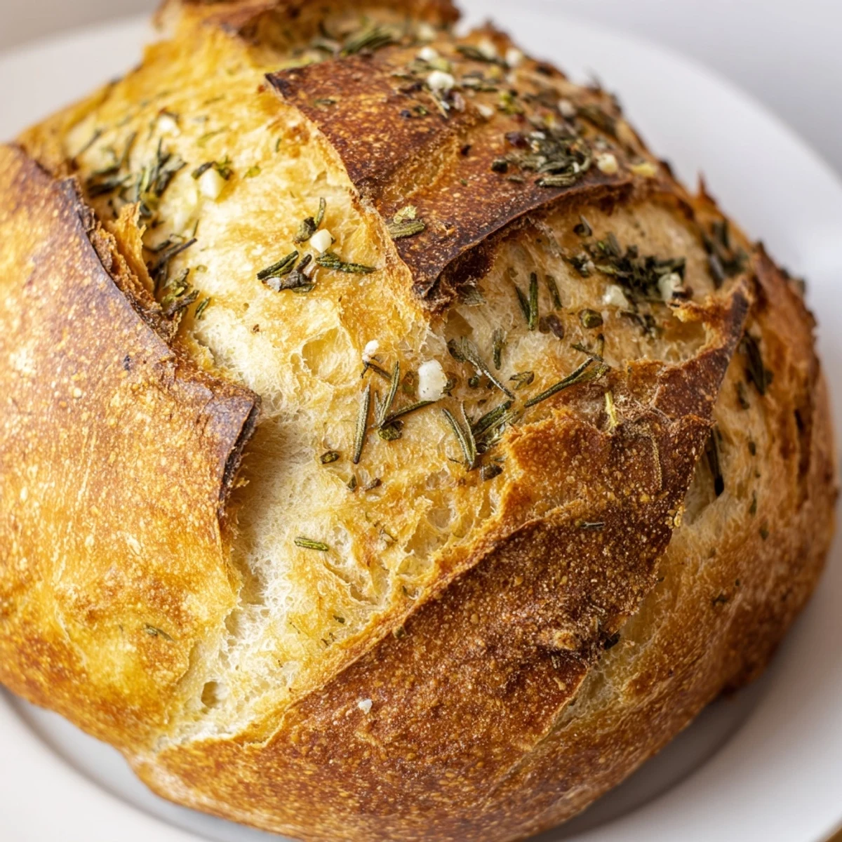 Fresh rosemary and thyme speckled artisan bread loaf baked in cast iron Dutch oven with golden crust