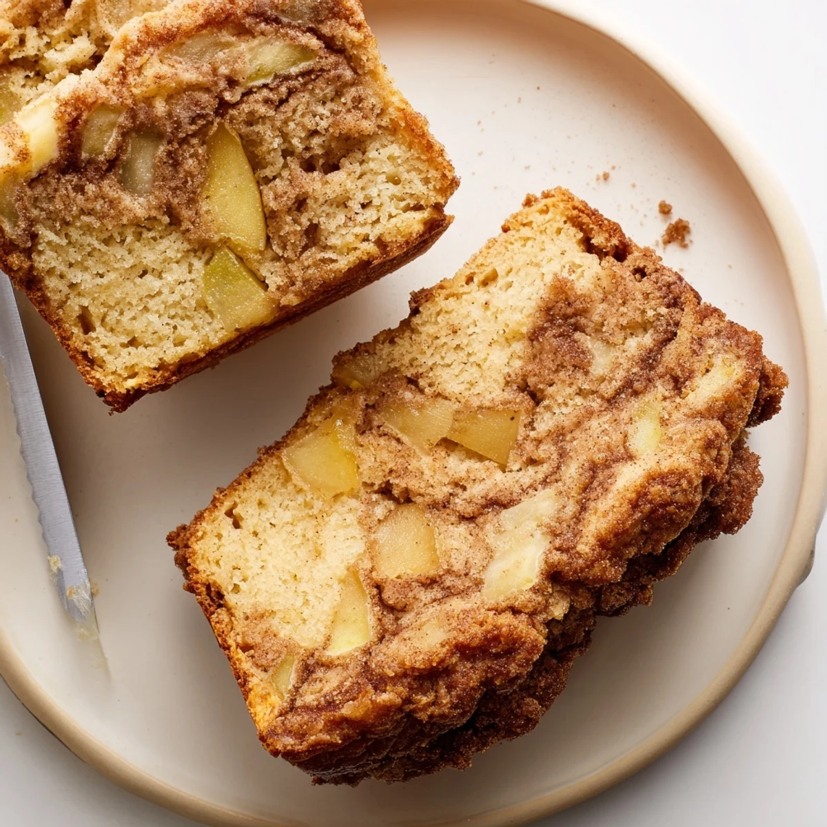 Sliced cinnamon apple bread revealing moist interior with diced apples and warm spice layers