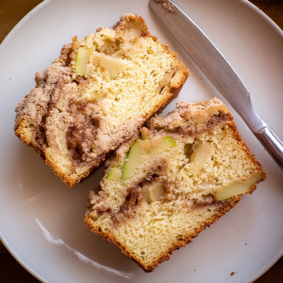 Freshly baked cinnamon apple bread cooling on wire rack with golden crust and marbled cinnamon sugar topping