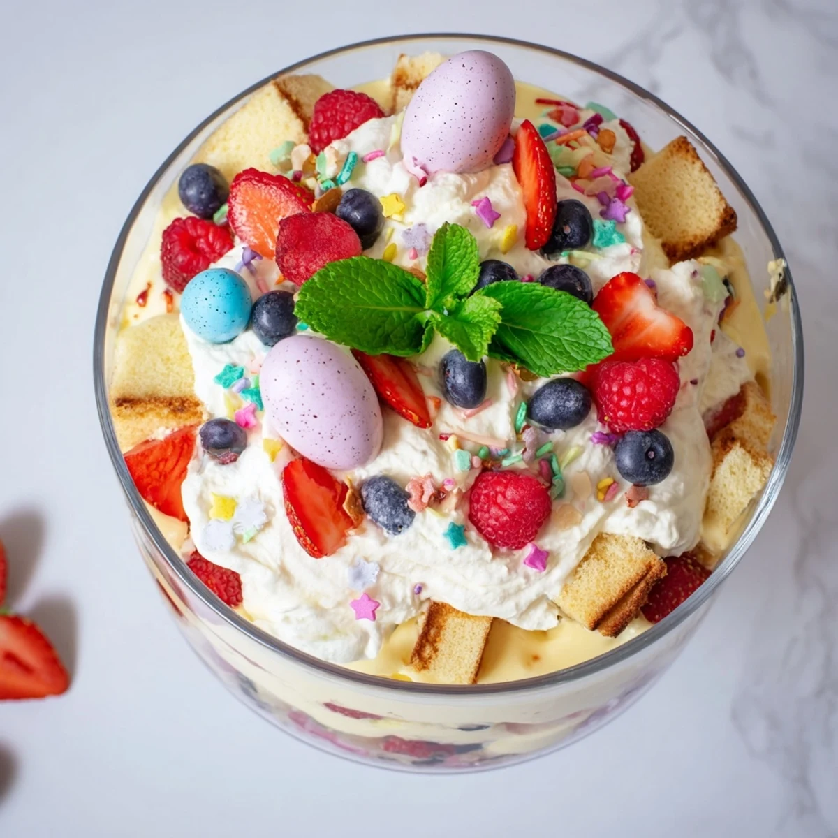 Colorful Easter trifle dessert with layered sponge cake, vanilla custard, fresh berries, and whipped cream in a glass bowl