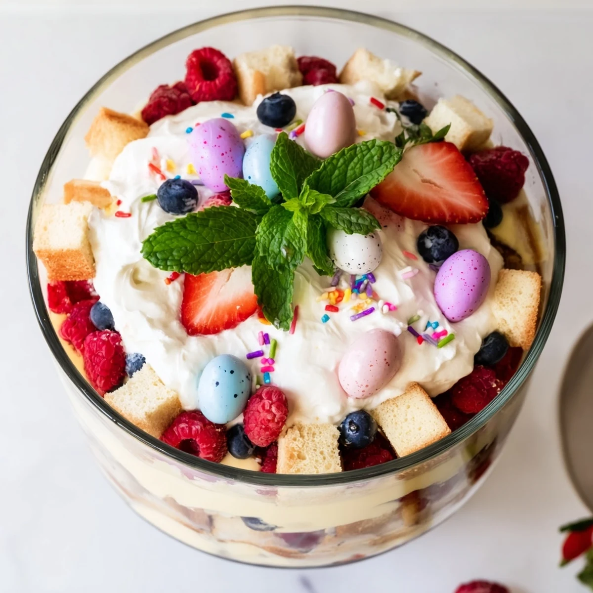 Festive layered Easter trifle featuring fluffy sponge, creamy custard, macerated berries, and sweet whipped cream topping