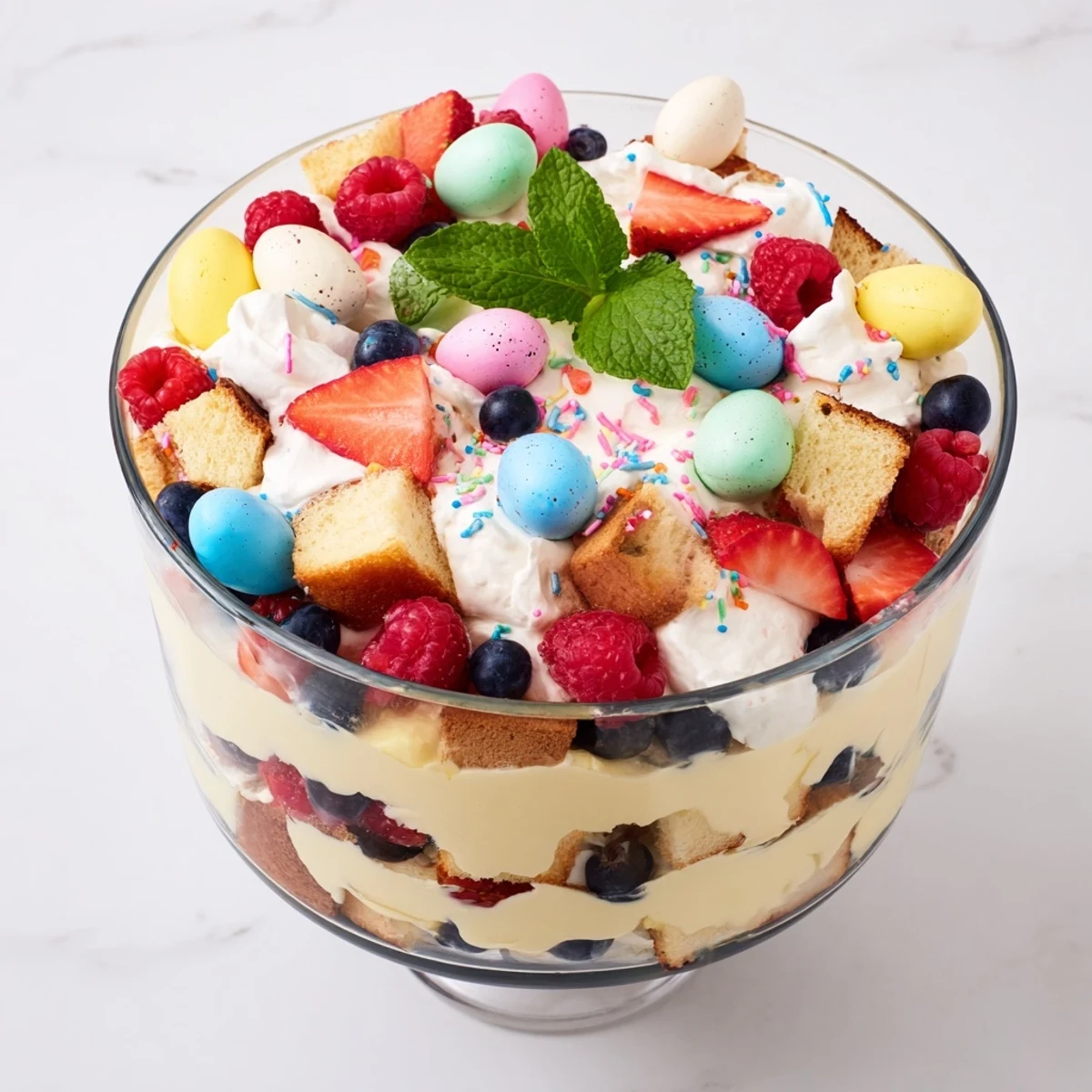 Easter trifle dessert showcasing golden sponge cake, smooth vanilla custard, ruby berries, and white cream layers