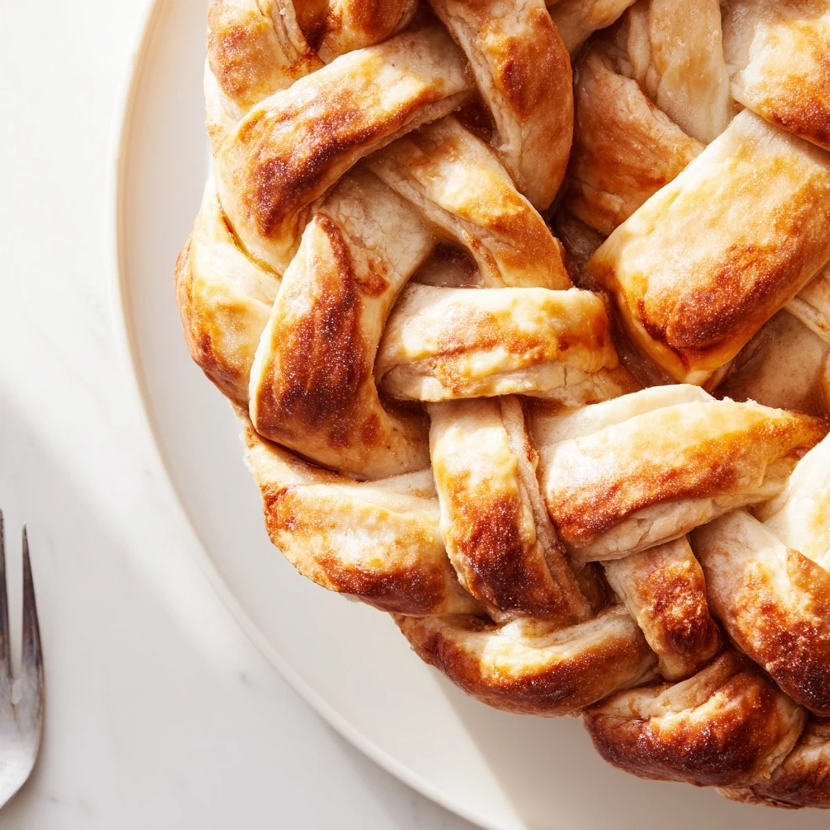 Close-up of woven braided pastry dough strips decorating a homemade pie edge with intricate detail