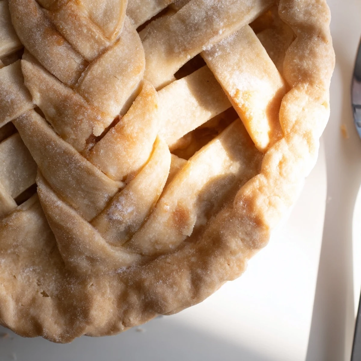 Golden brown fishtail braid pie crust woven around a fruit pie with shiny egg wash finish