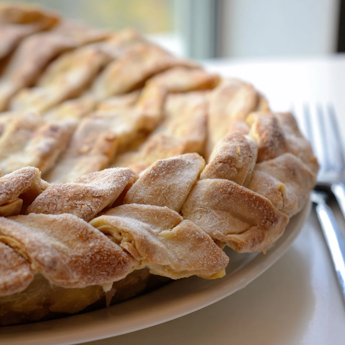 Handmade decorative pie crust featuring an intricate fishtail braid pattern brushed with golden egg wash