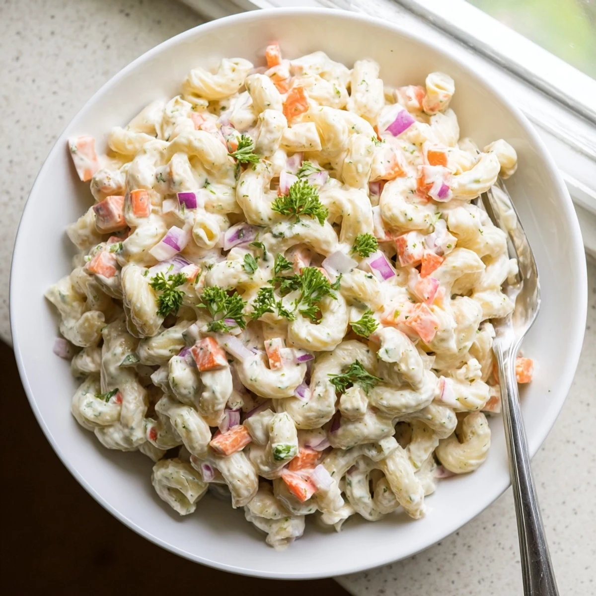 Creamy Tangy Macaroni Salad with colorful diced vegetables and mayonnaise dressing