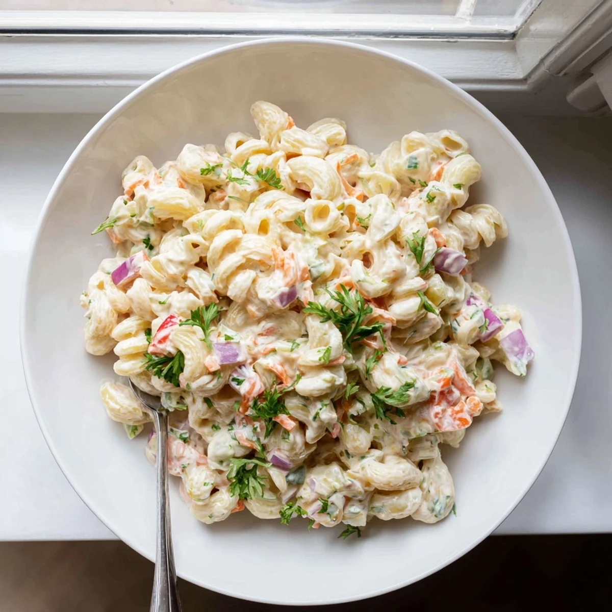 Classic Macaroni Salad featuring tender pasta elbows in tangy creamy sauce with crunchy vegetables