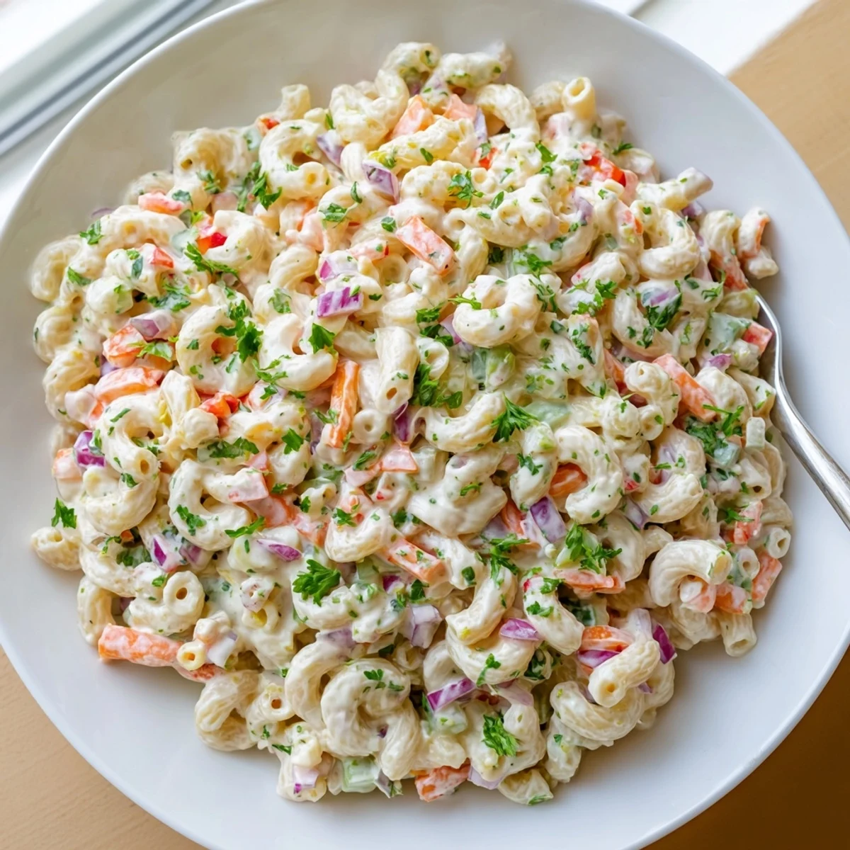 Tangy And Creamy Macaroni Salad served chilled with red bell peppers and shredded carrots