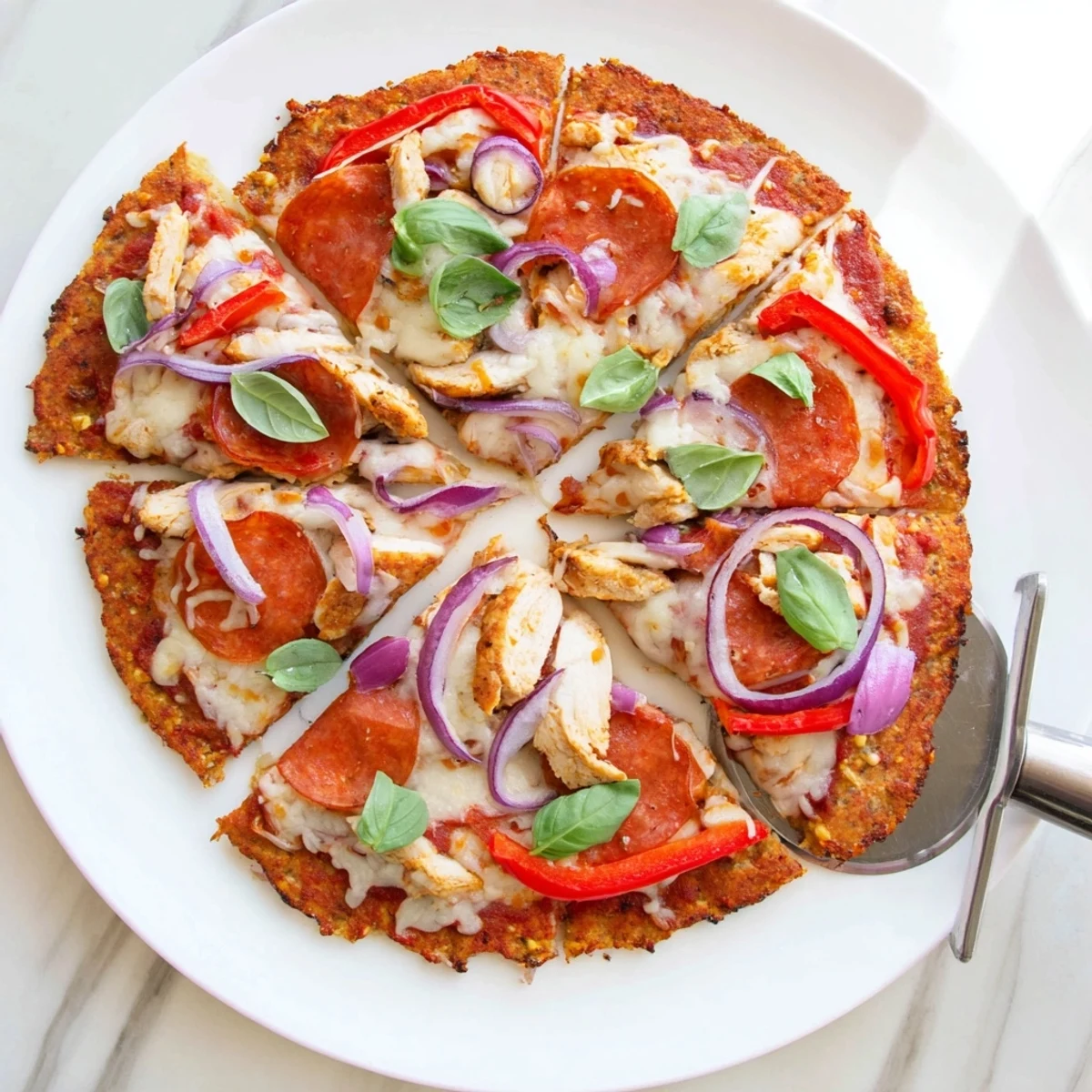 Golden crispy chicken crust pizza bubbling with melted mozzarella and pepperoni on a baking sheet