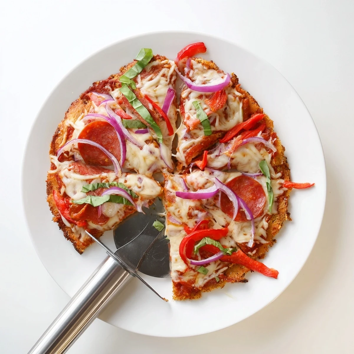 Sliced low-carb crispy chicken crust pizza topped with colorful vegetables and fresh basil garnish