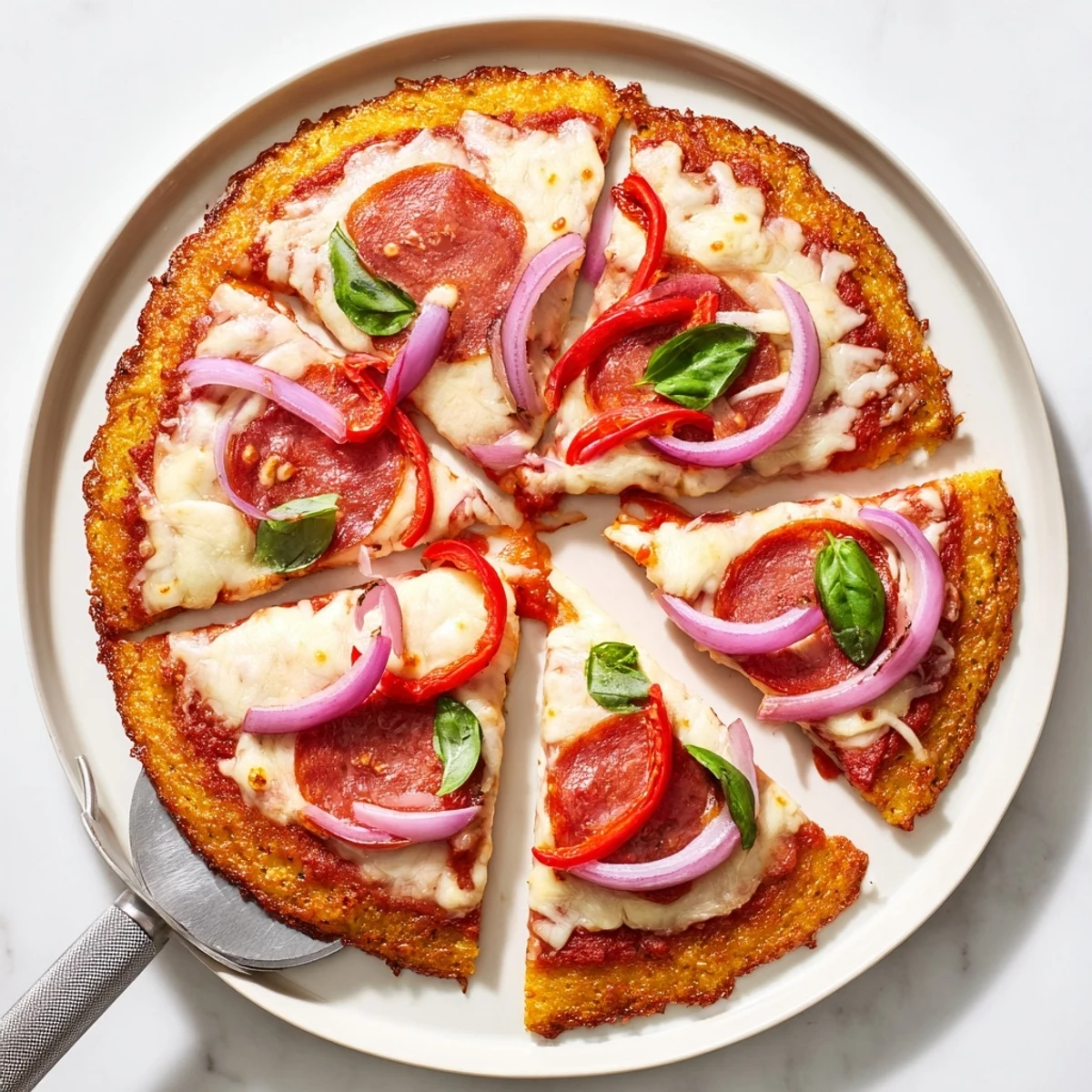 Homemade gluten-free crispy chicken crust pizza loaded with cheese and classic pizza toppings