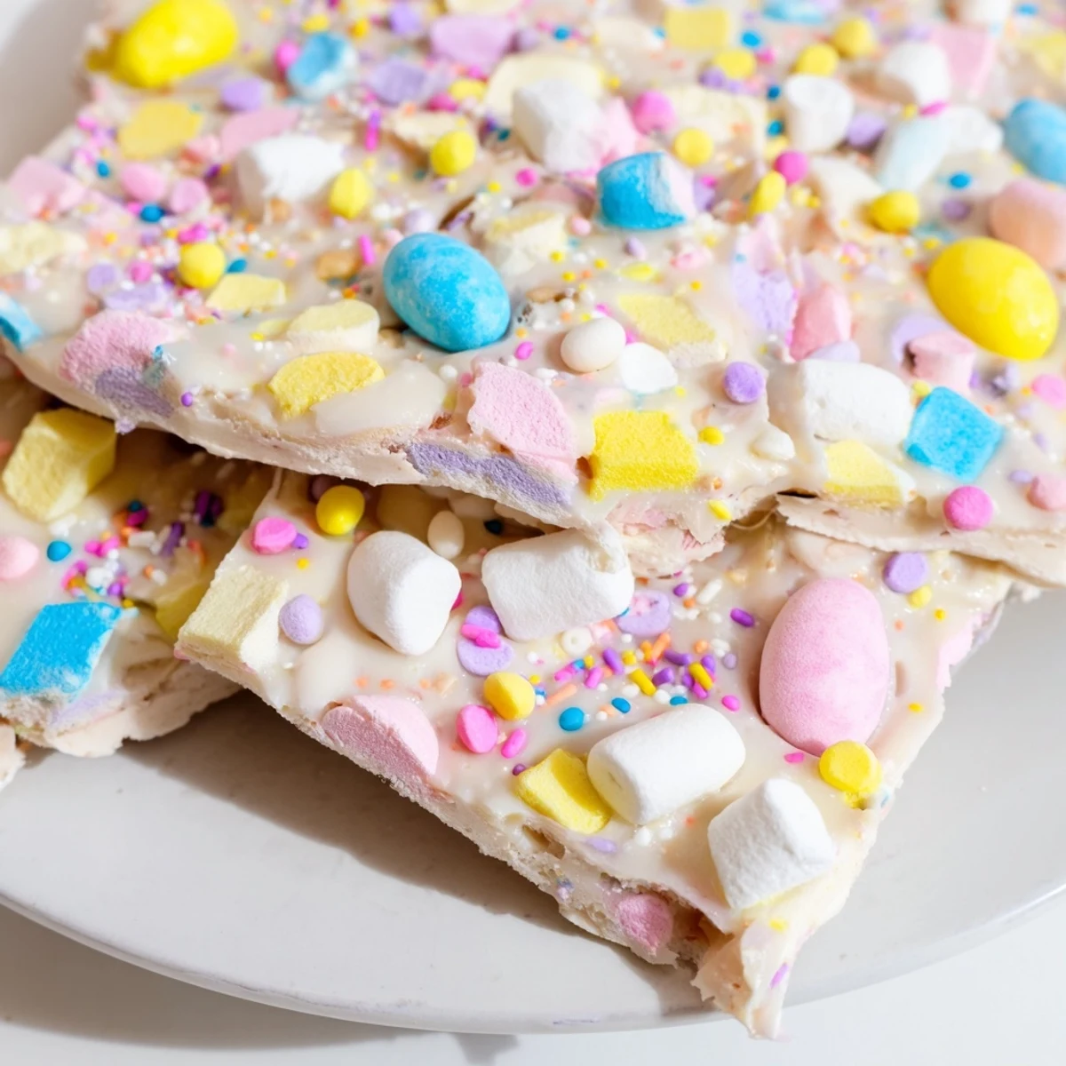 Creamy white chocolate Easter marshmallow bark topped with pastel candy eggs and colorful sprinkles