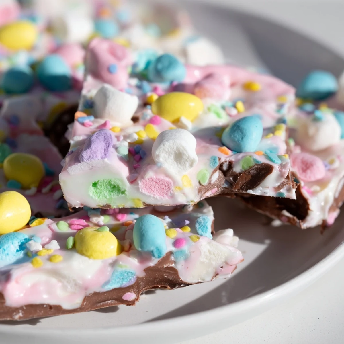 Festive Easter marshmallow bark broken into pieces revealing mini marshmallows and sweet chocolate layers