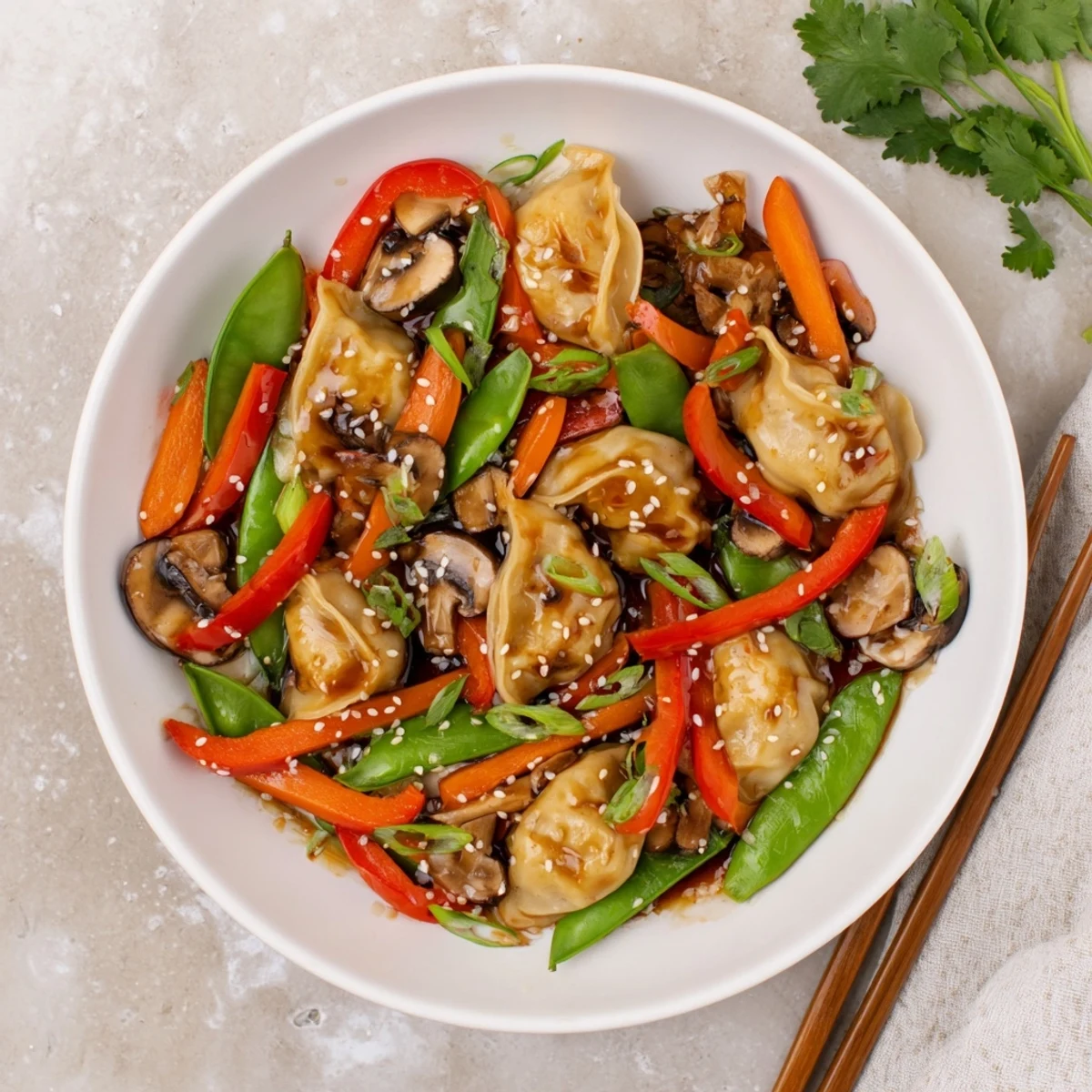 Golden brown potsticker stir fry with colorful vegetables in savory sauce tossed in a wok