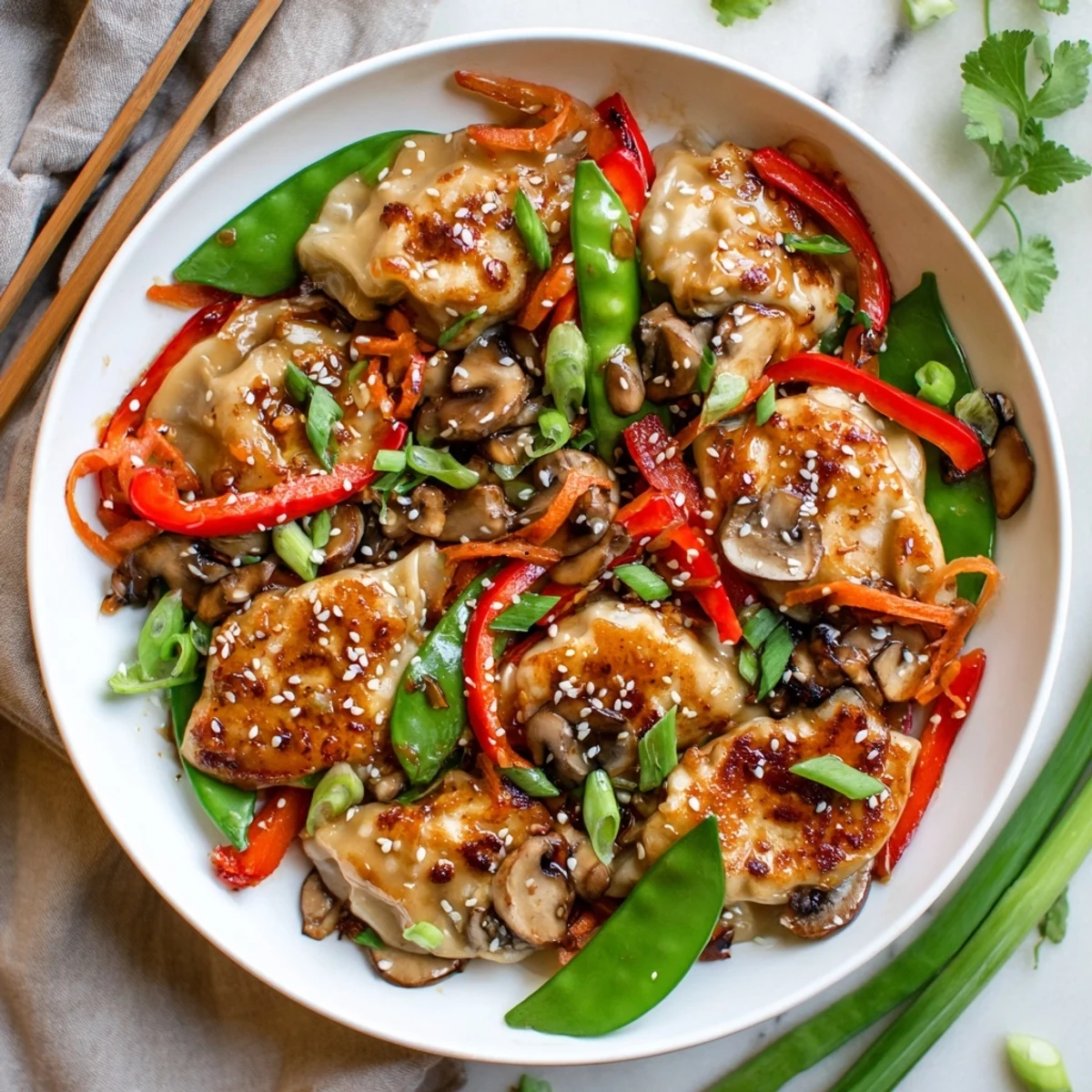 Crispy potstickers stir fried with snap peas bell peppers and mushrooms glazed in glossy Asian sauce