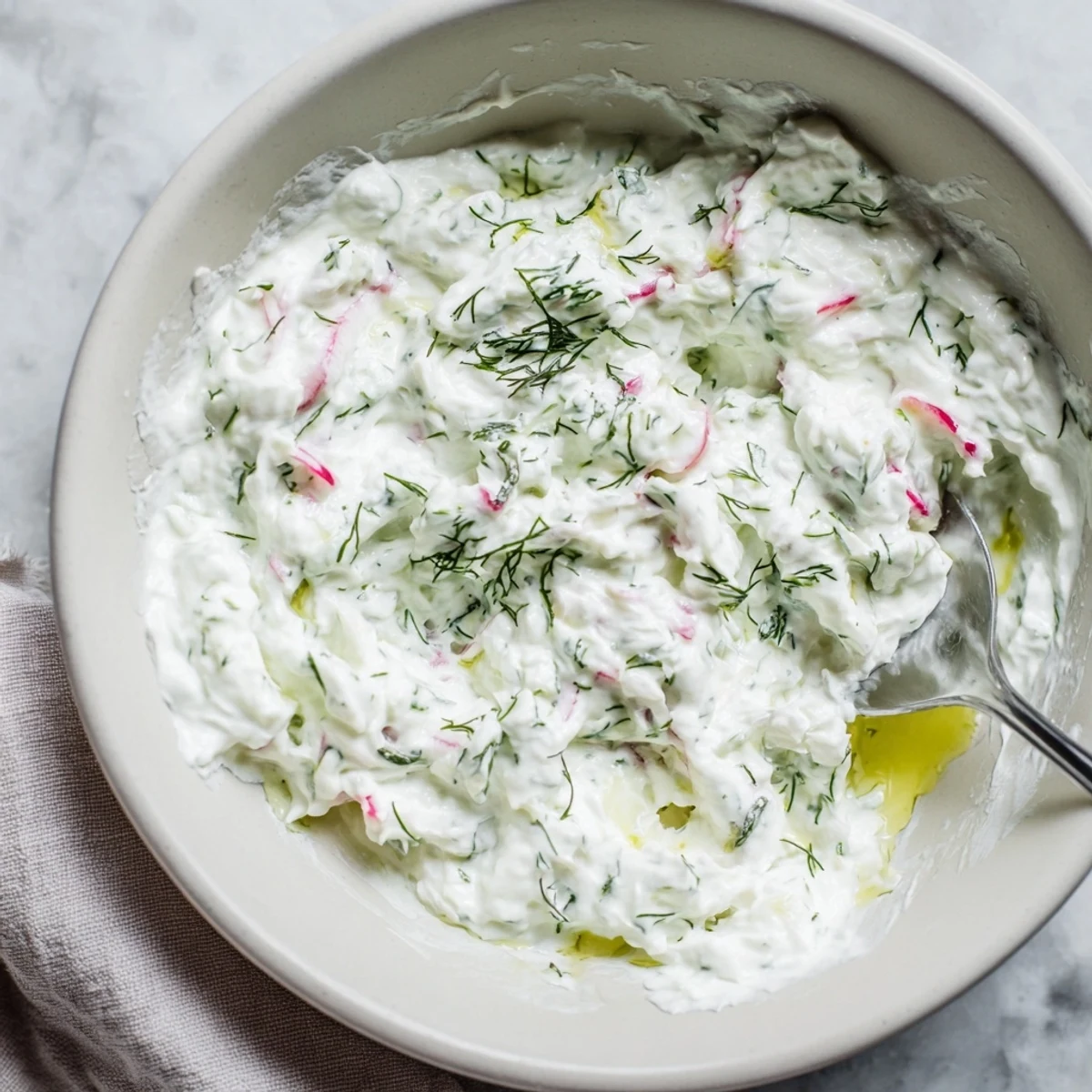 Creamy healthy radish tzatziki dip topped with fresh dill and olive oil drizzle in white serving bowl