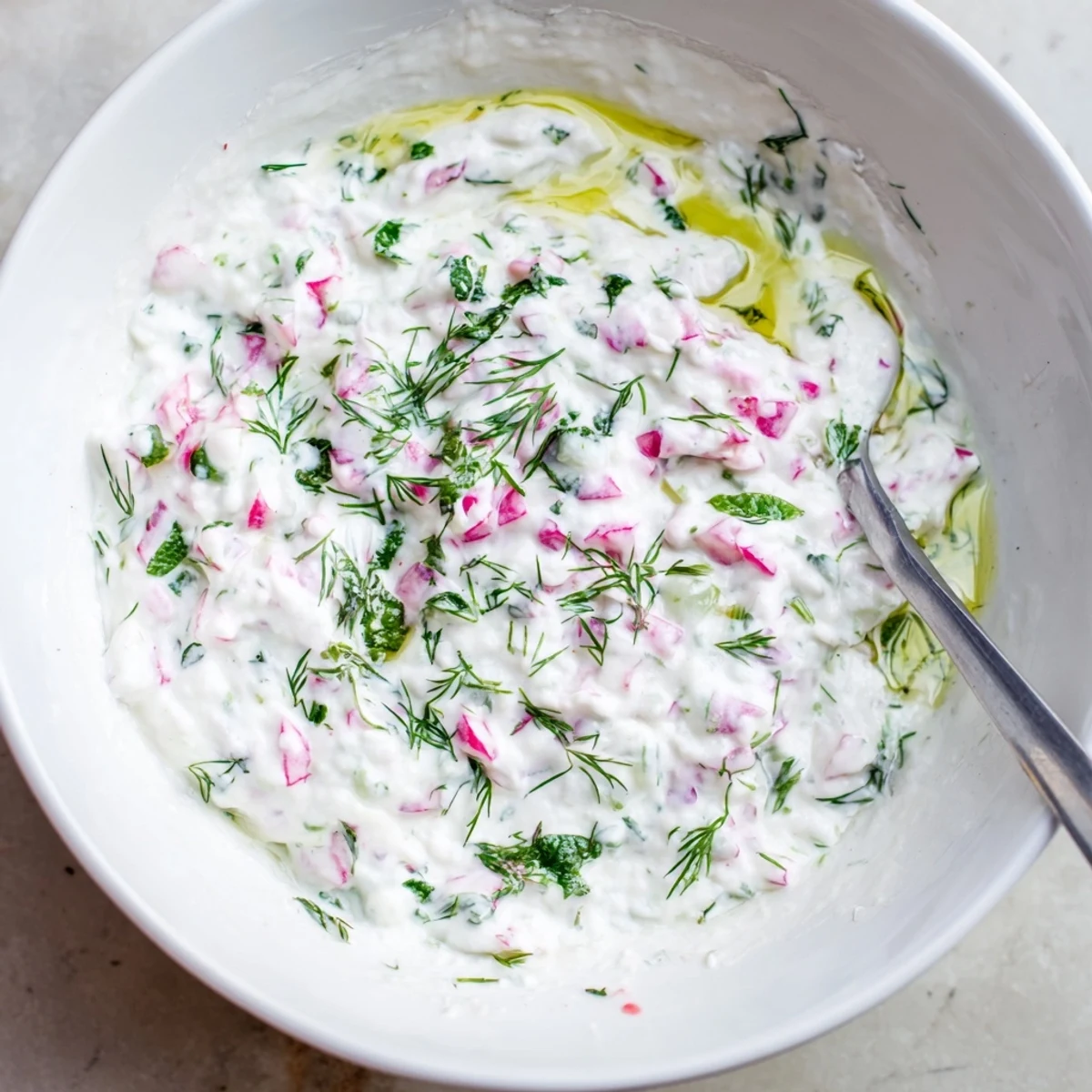 Close-up of refreshing healthy radish tzatziki dip with grated cucumber and herbs on wooden serving board