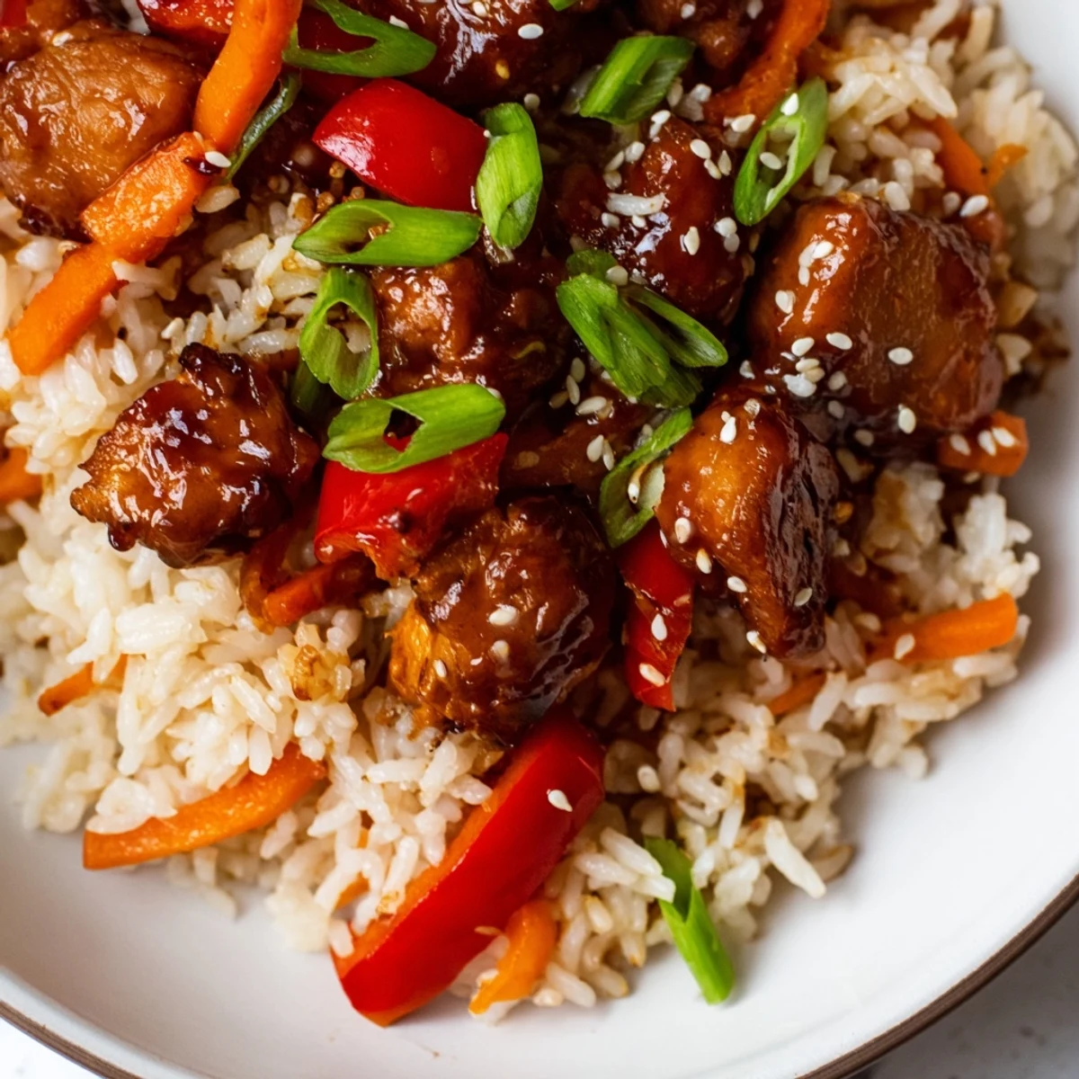 Glossy One Pan Korean BBQ Chicken and Rice in a skillet topped with green onions