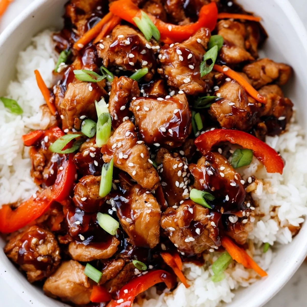 One Pan Korean BBQ Chicken and Rice studded with colorful peppers and tender meat